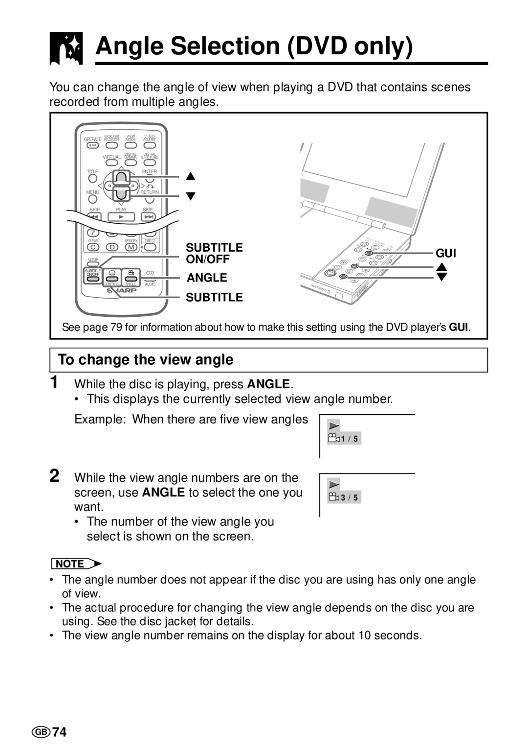 Sharp DV-L70S, DV-L70BL operation manual Angle Selection DVD only, To change the view angle, Subtitle 