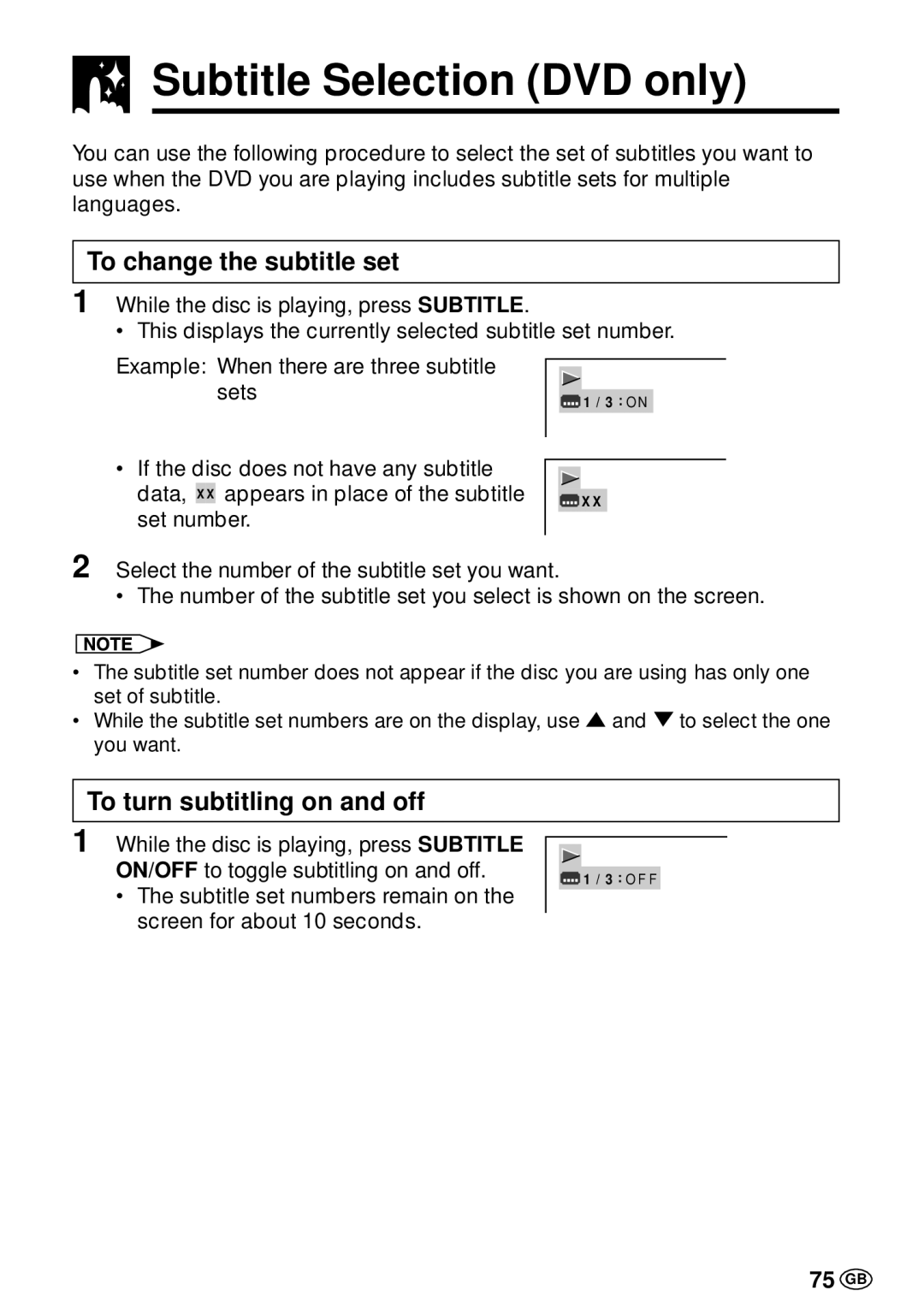 Sharp DV-L70BL, DV-L70S Subtitle Selection DVD only, To change the subtitle set, To turn subtitling on and off, 75 GB 