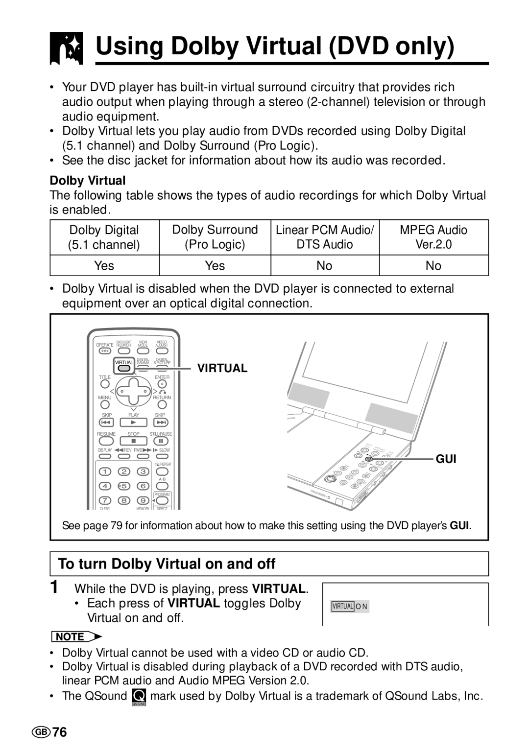 Sharp DV-L70S, DV-L70BL operation manual Using Dolby Virtual DVD only, To turn Dolby Virtual on and off 