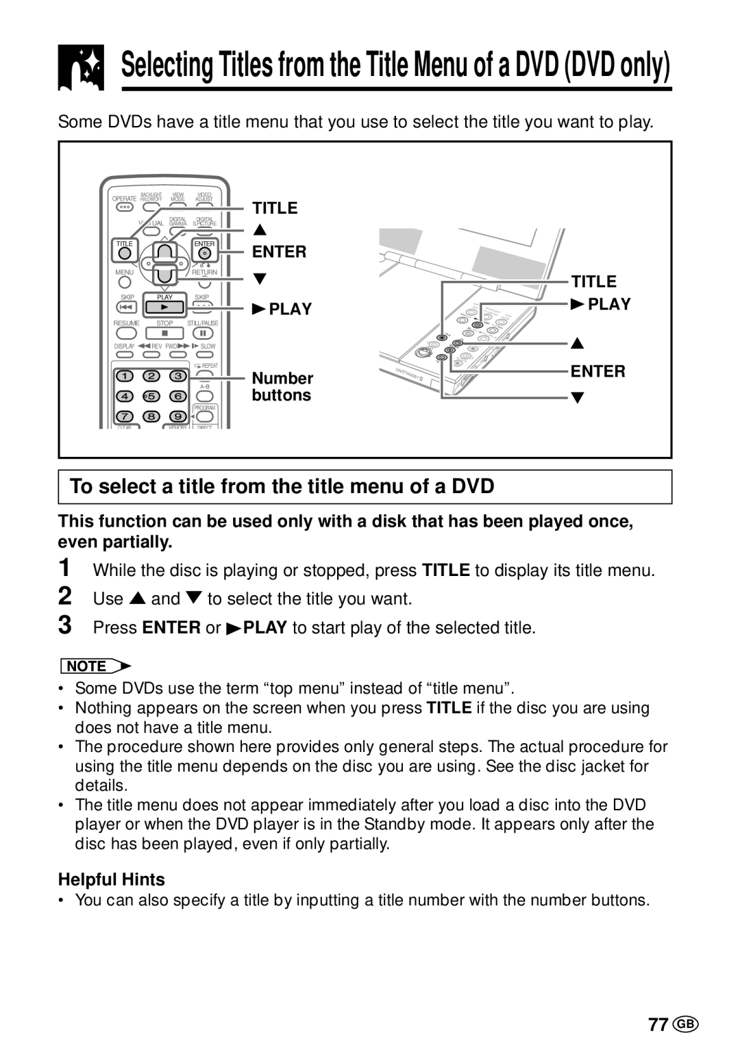 Sharp DV-L70BL, DV-L70S operation manual To select a title from the title menu of a DVD, 77 GB 