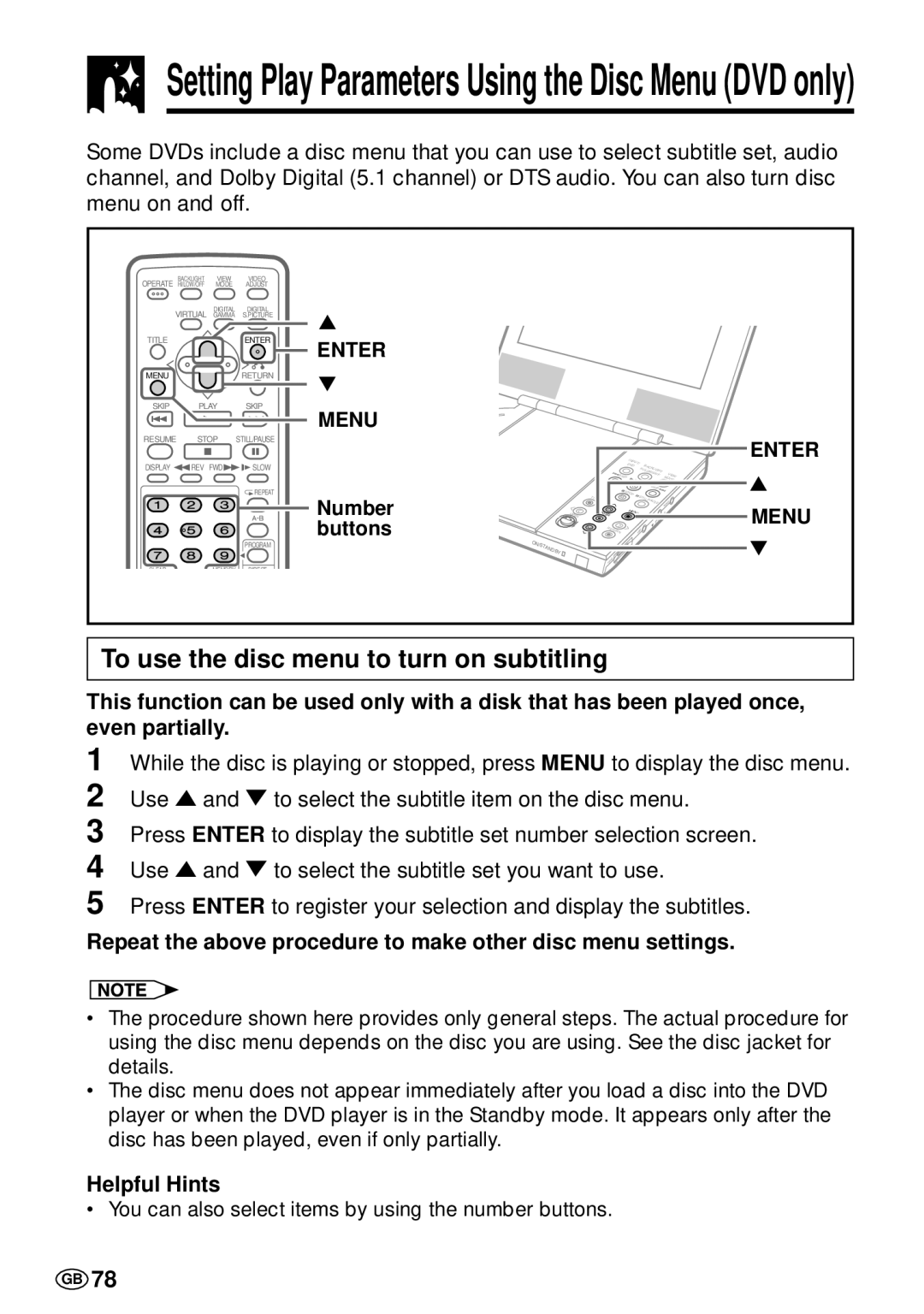 Sharp DV-L70S, DV-L70BL operation manual To use the disc menu to turn on subtitling, Enter Menu 