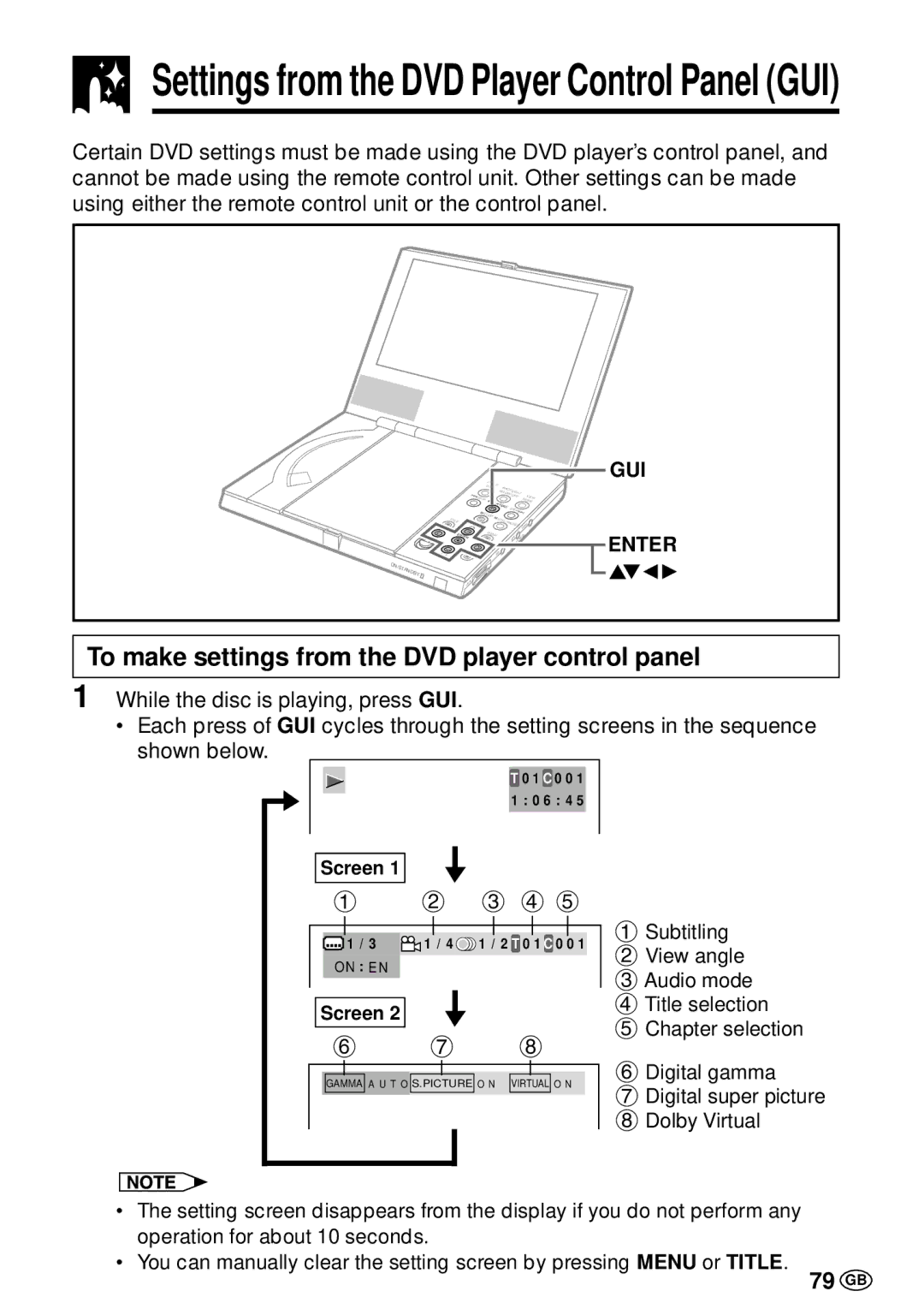 Sharp DV-L70BL, DV-L70S operation manual To make settings from the DVD player control panel, 79 GB, GUI Enter 