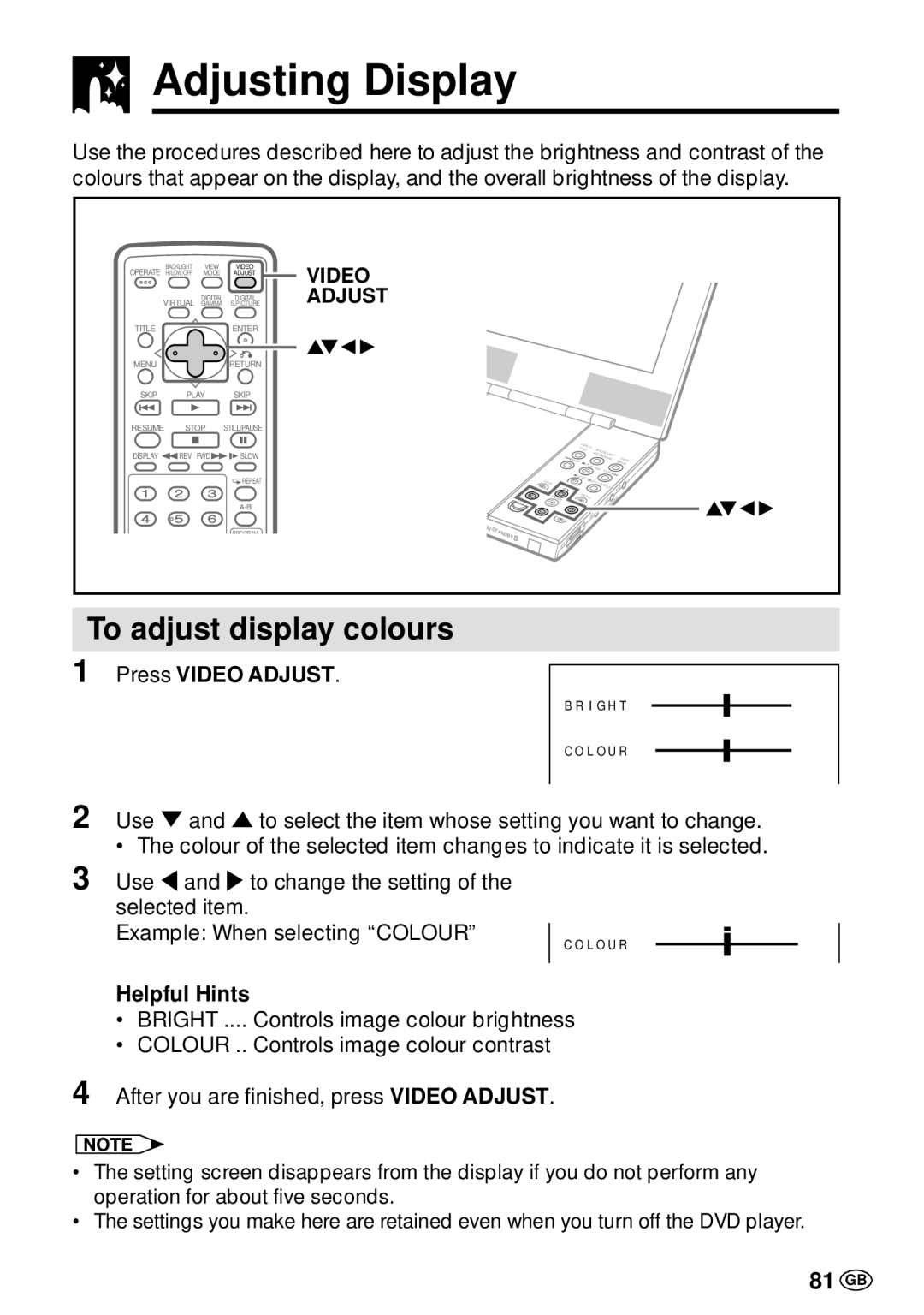 Sharp DV-L70BL, DV-L70S operation manual Adjusting Display, To adjust display colours, 81 GB, Press Video Adjust 