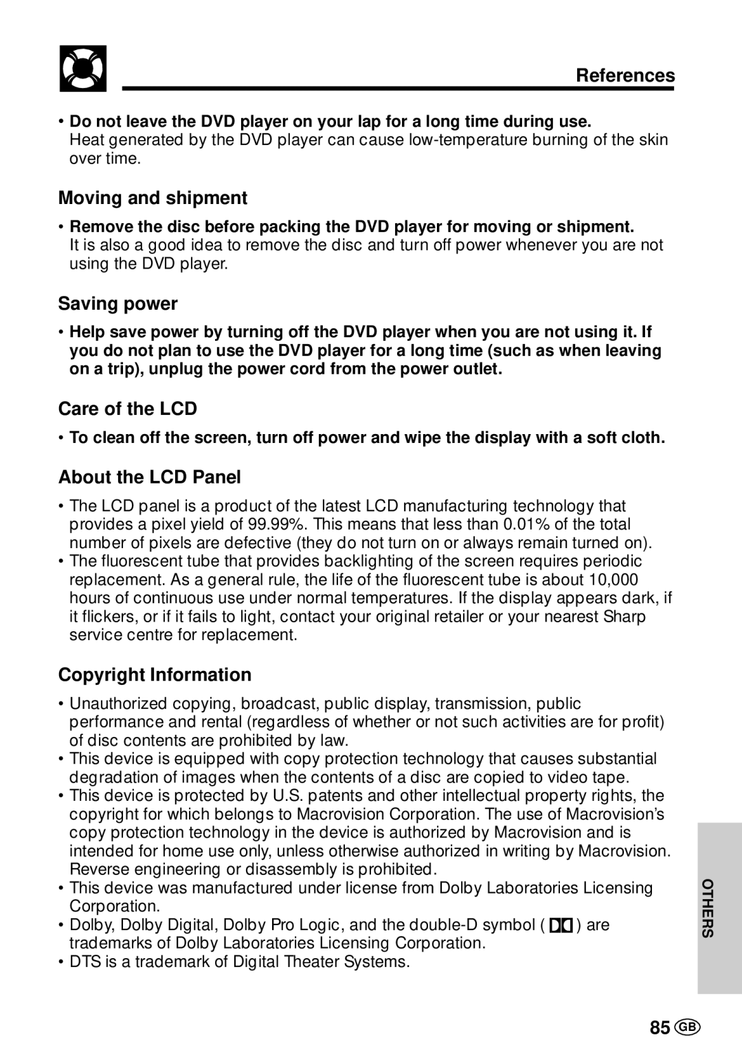 Sharp DV-L70BL References, Moving and shipment, Saving power, Care of the LCD, About the LCD Panel, Copyright Information 