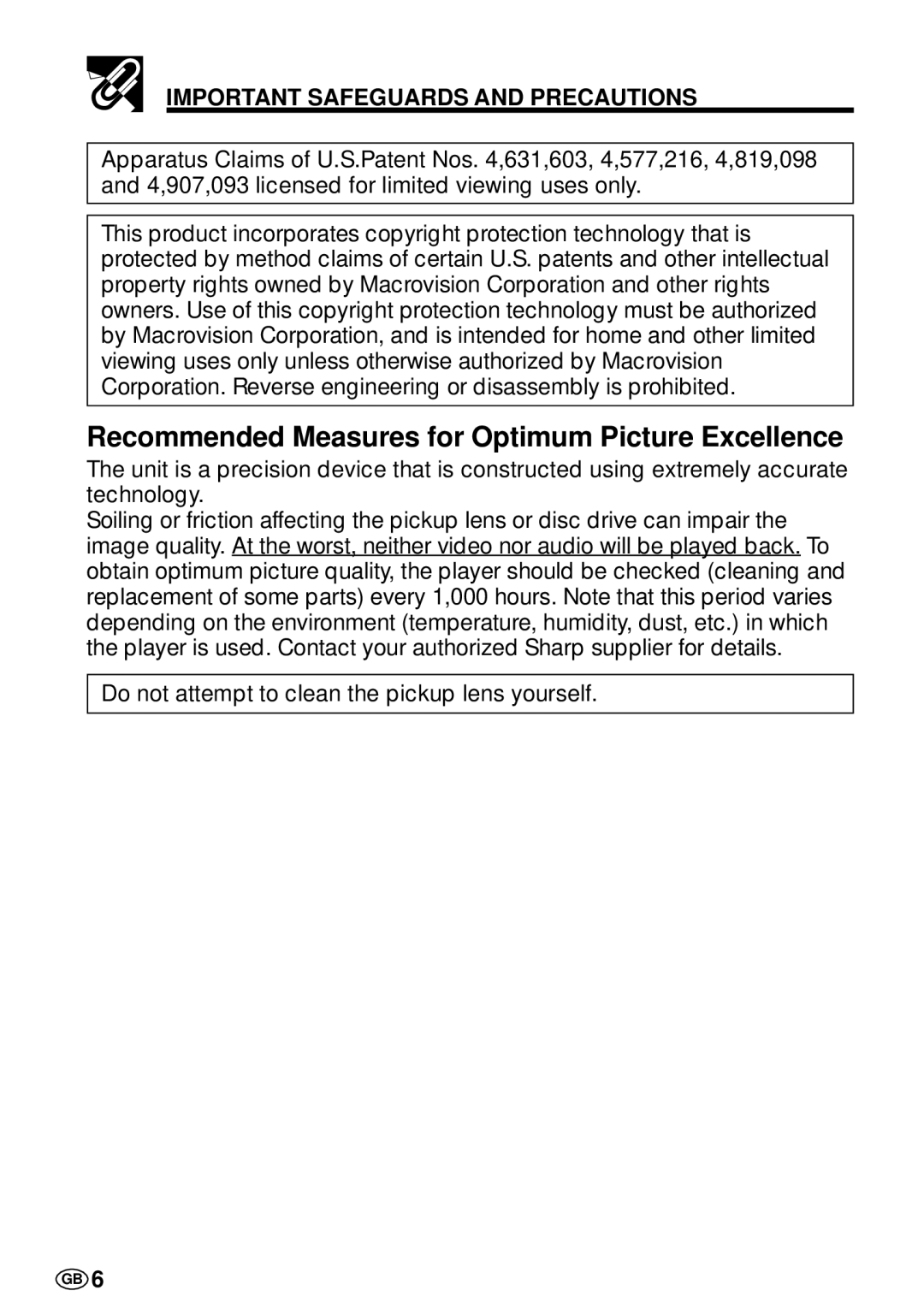 Sharp DV-L70S, DV-L70BL operation manual Recommended Measures for Optimum Picture Excellence 