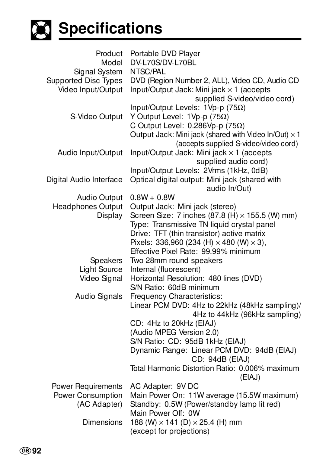 Sharp DV-L70S, DV-L70BL operation manual Specifications, Ntsc/Pal 