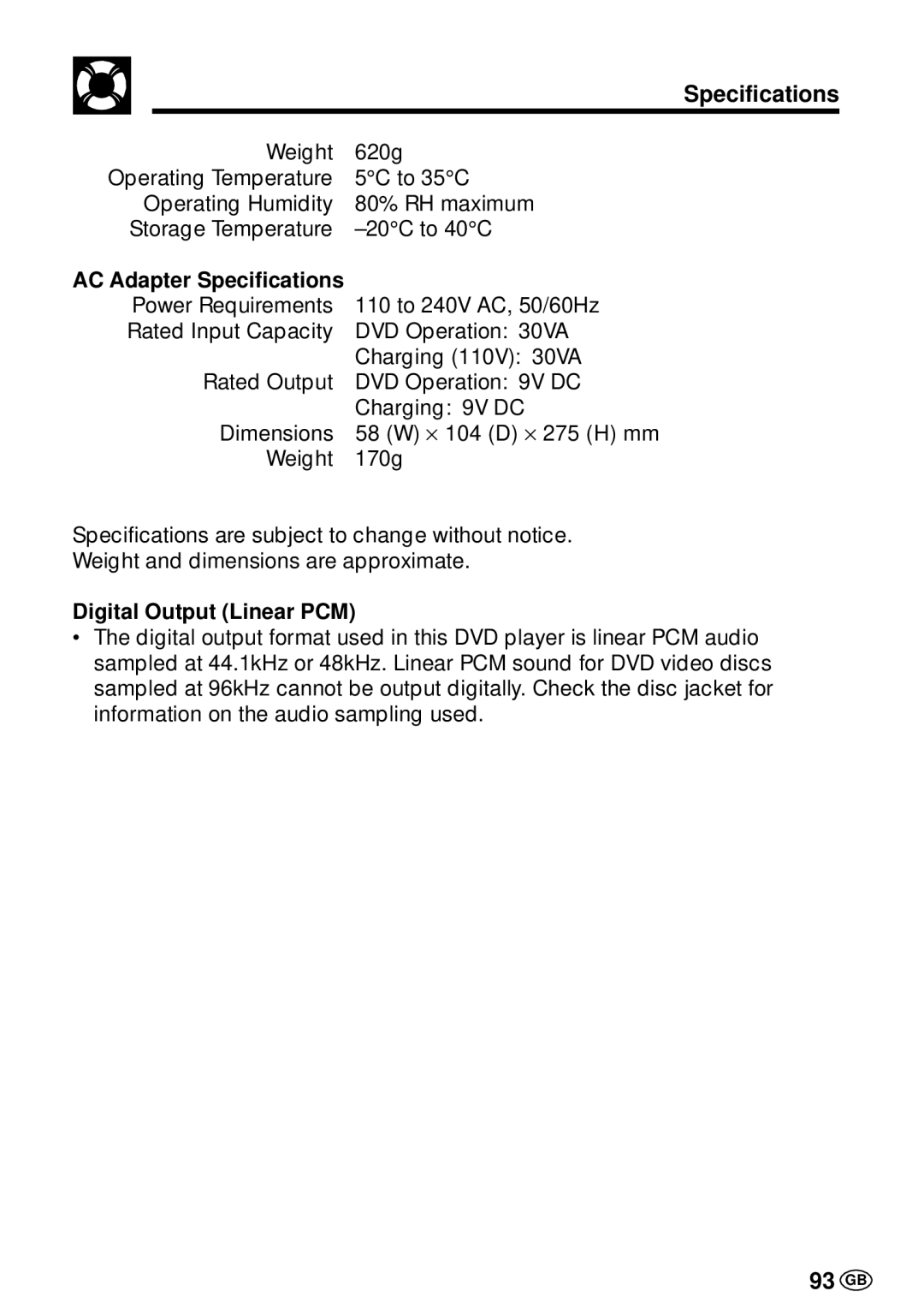 Sharp DV-L70BL, DV-L70S operation manual Specifications, 93 GB, Digital Output Linear PCM 