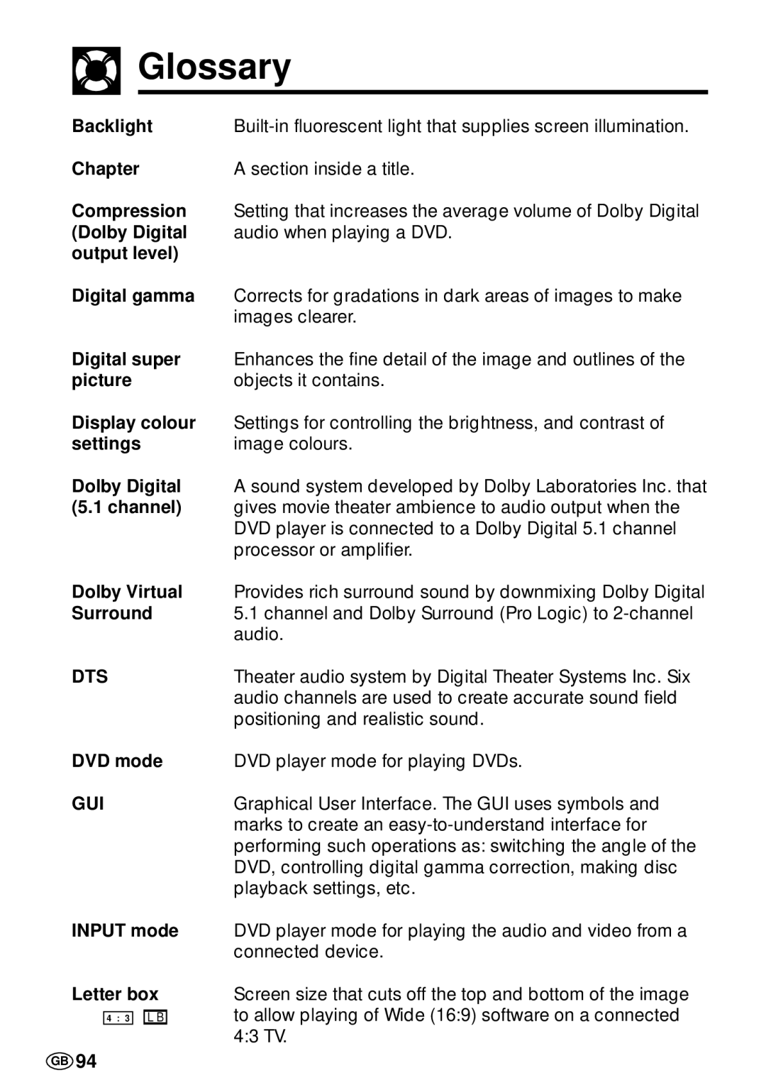 Sharp DV-L70S, DV-L70BL operation manual Glossary, Dts 