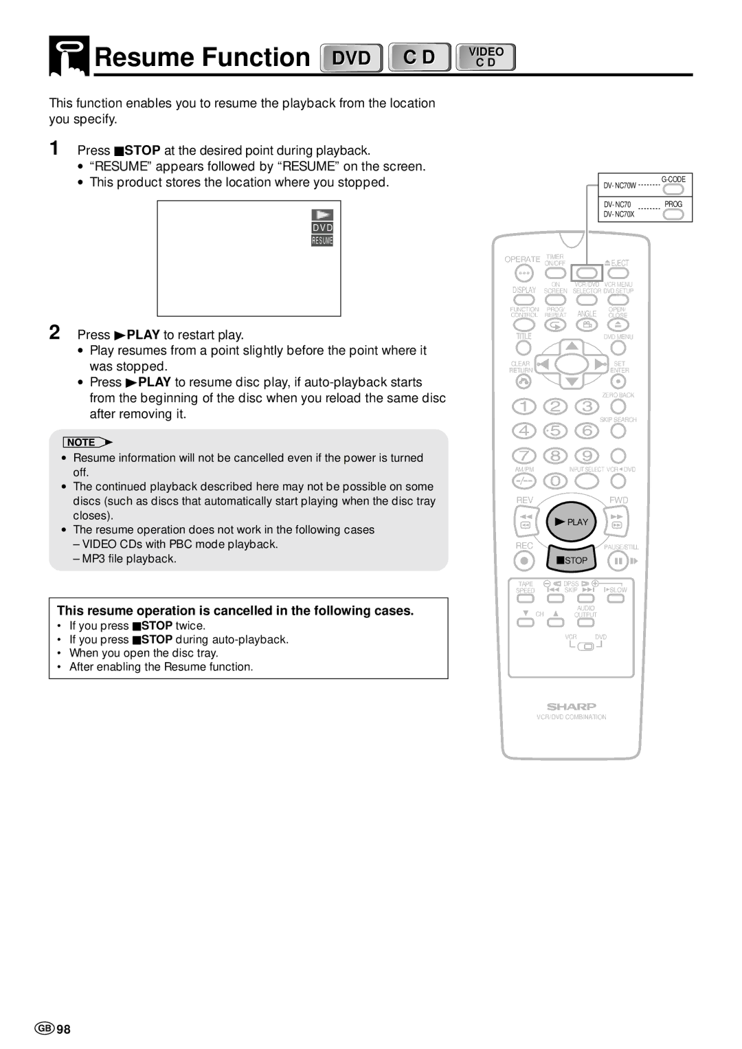 Sharp DV-NC70 and DV-NC70X, DV-NC70W Resume Function DVD, This resume operation is cancelled in the following cases 