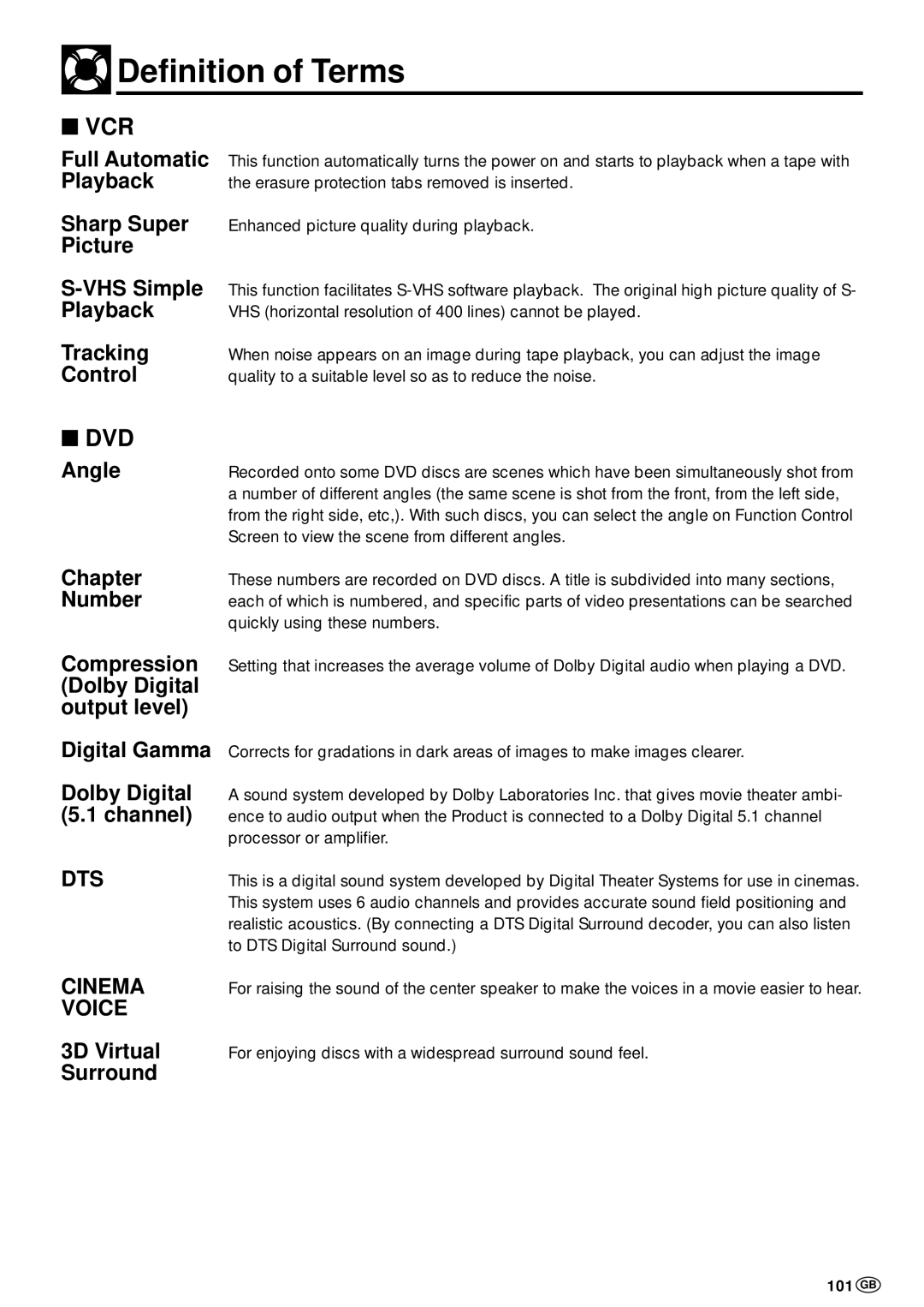 Sharp DV-NC70W, DV-NC70 and DV-NC70X operation manual Definition of Terms, 101 GB 