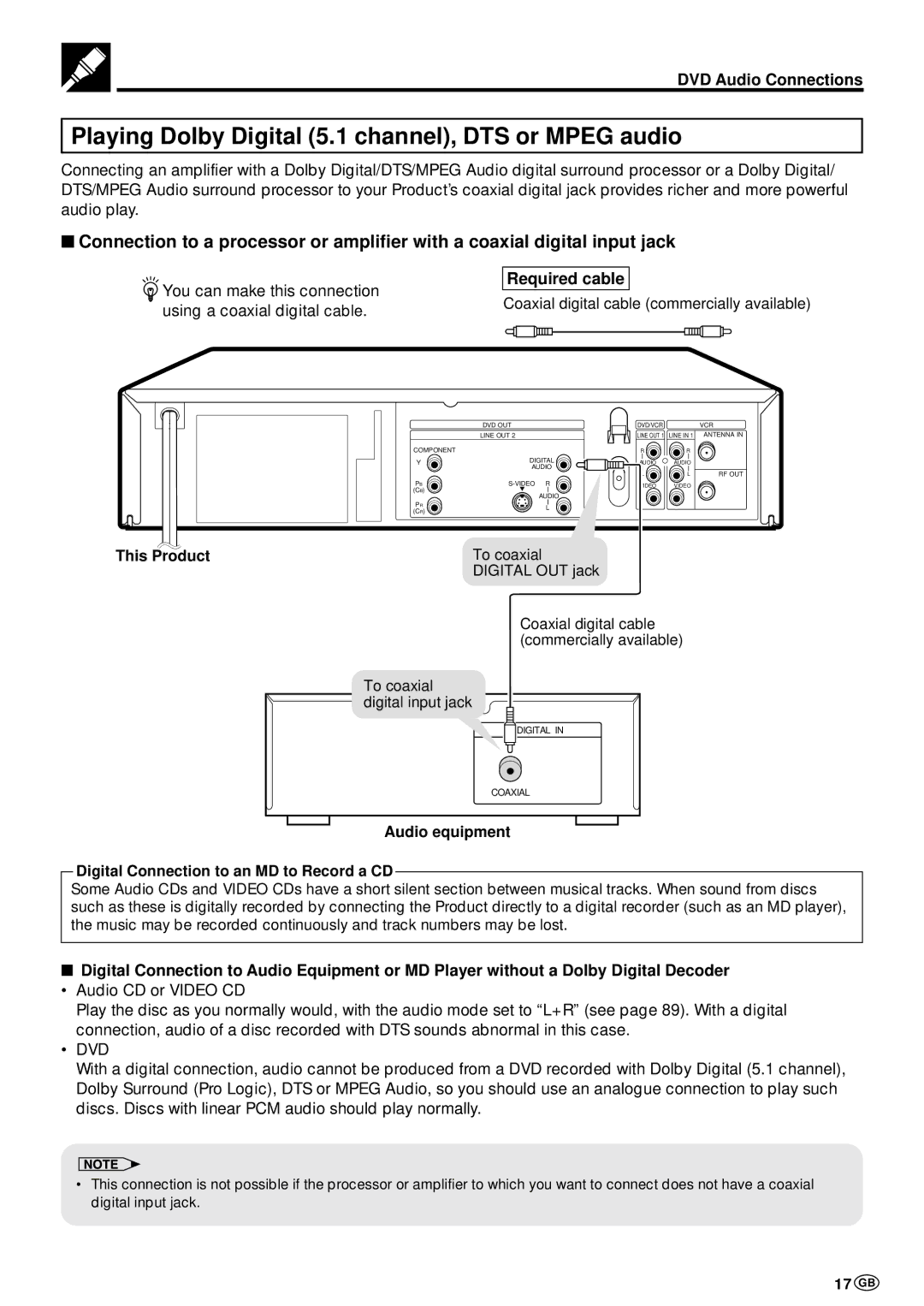 Sharp DV-NC70W operation manual Playing Dolby Digital 5.1 channel, DTS or Mpeg audio, 17 GB, This Product, Audio equipment 