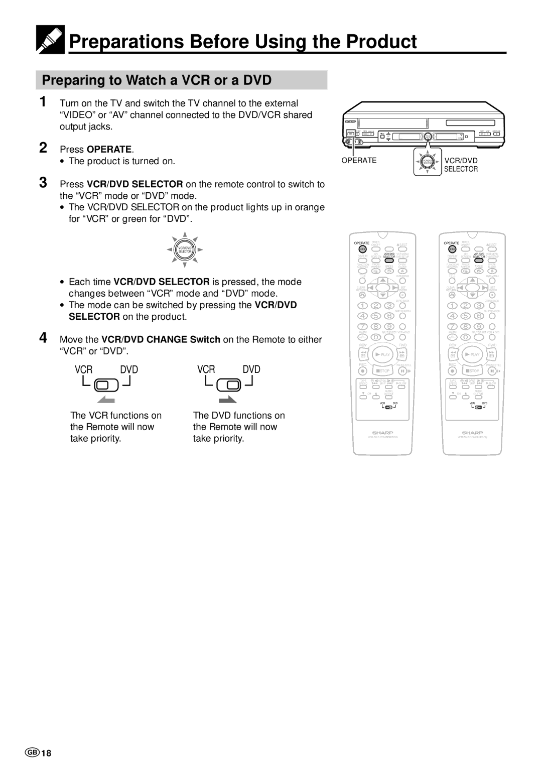 Sharp DV-NC70 and DV-NC70X Preparations Before Using the Product, Preparing to Watch a VCR or a DVD, VCR functions on 