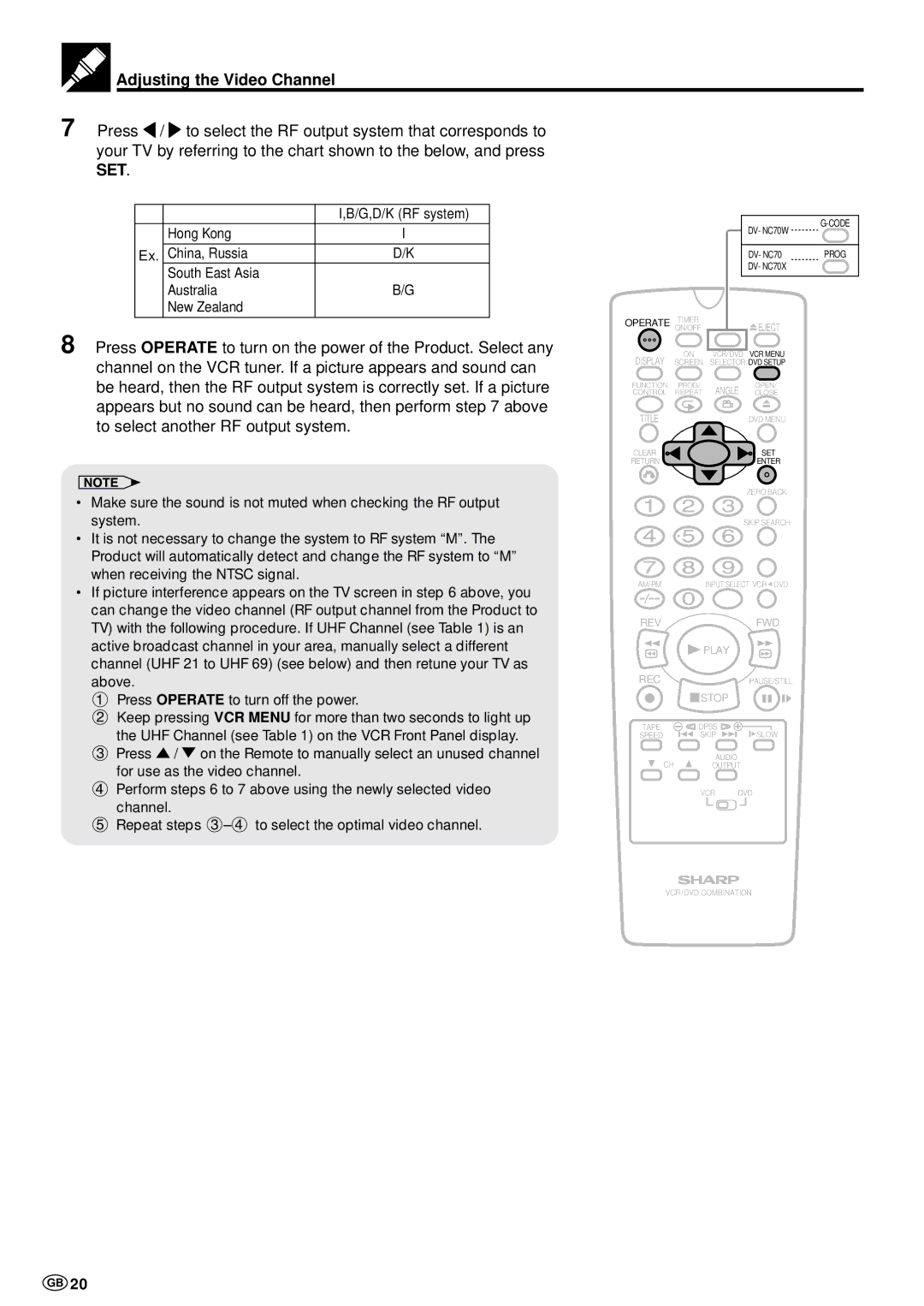 Sharp DV-NC70 and DV-NC70X, DV-NC70W operation manual Adjusting the Video Channel 