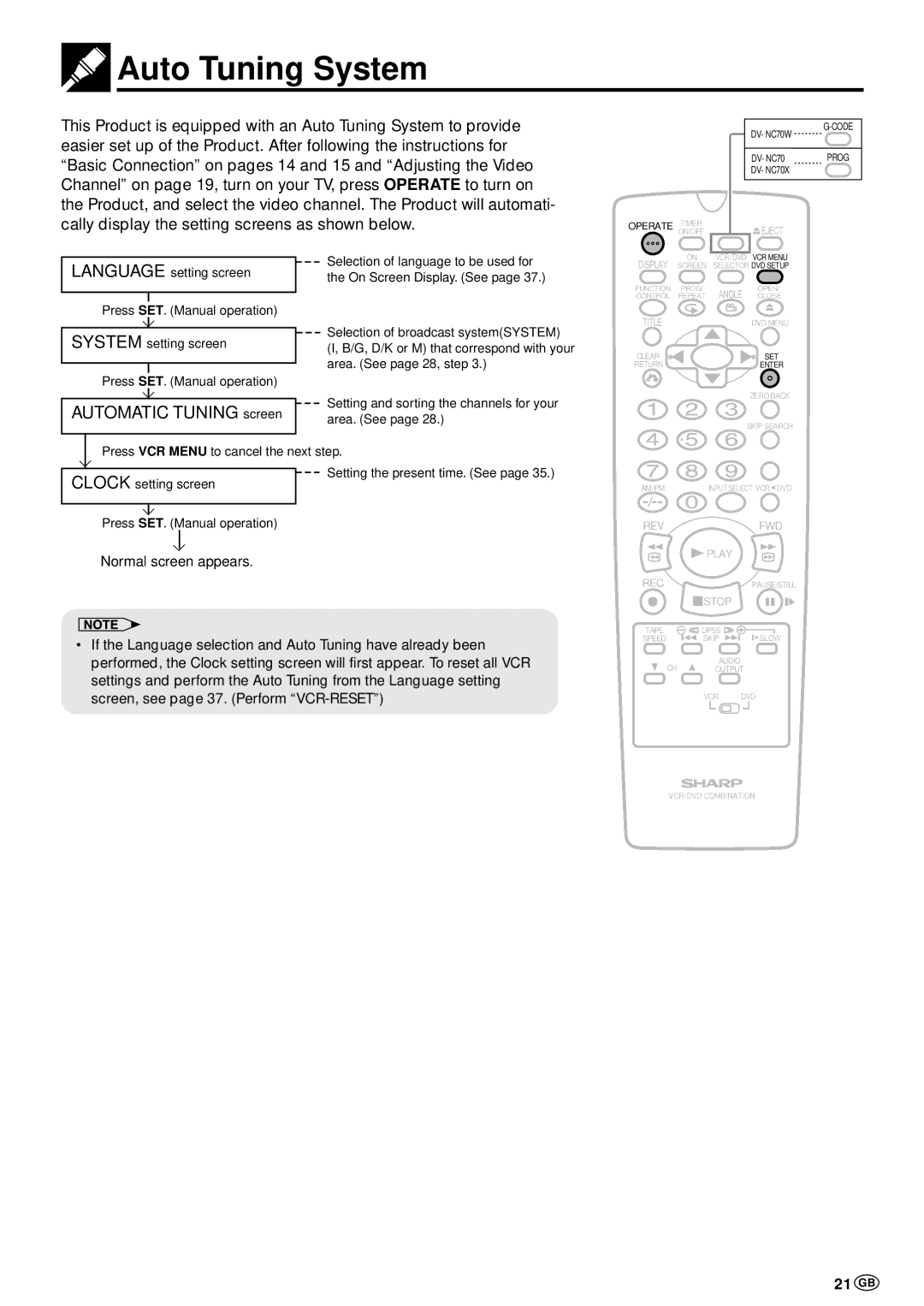 Sharp DV-NC70W, DV-NC70 and DV-NC70X operation manual Auto Tuning System, 21 GB 