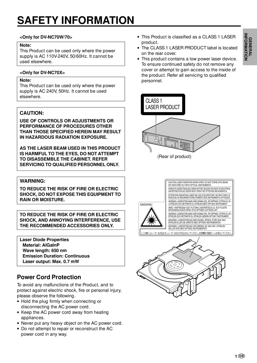 Sharp DV-NC70 and DV-NC70X operation manual Only for DV-NC70W/70, Only for DV-NC70X, Rear of product 