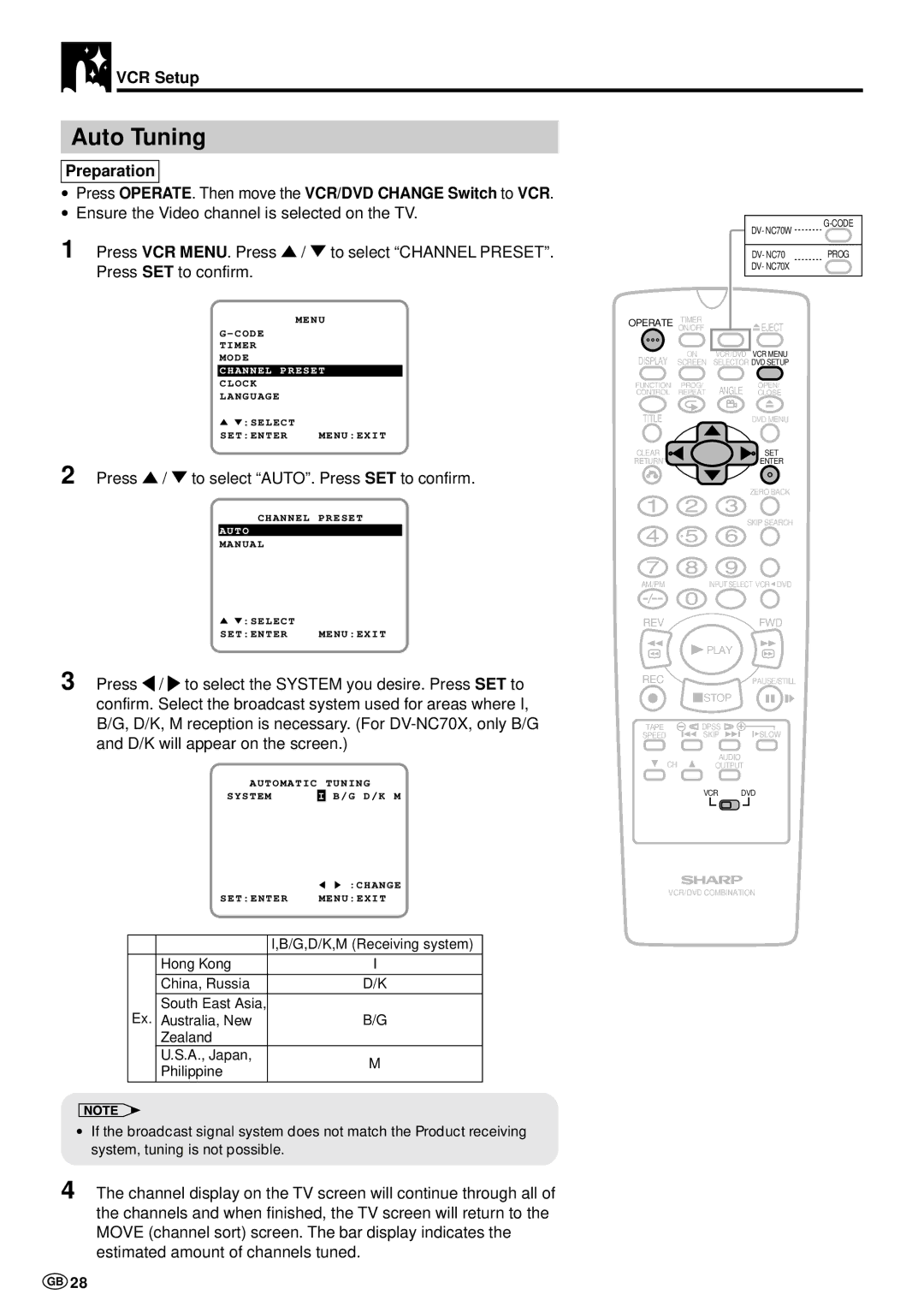 Sharp DV-NC70 and DV-NC70X, DV-NC70W operation manual Auto Tuning, Press / to select AUTO. PressSET to confirm 