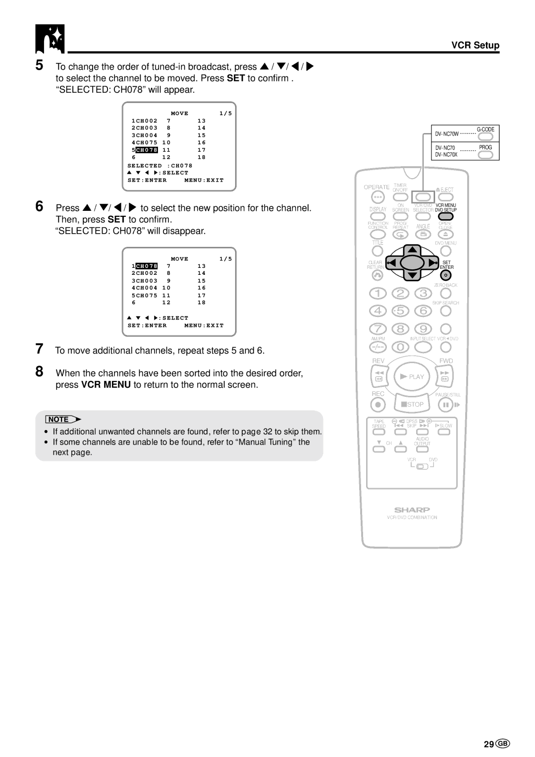 Sharp DV-NC70W, DV-NC70 and DV-NC70X operation manual 29 GB, Selected CH078 will disappear 