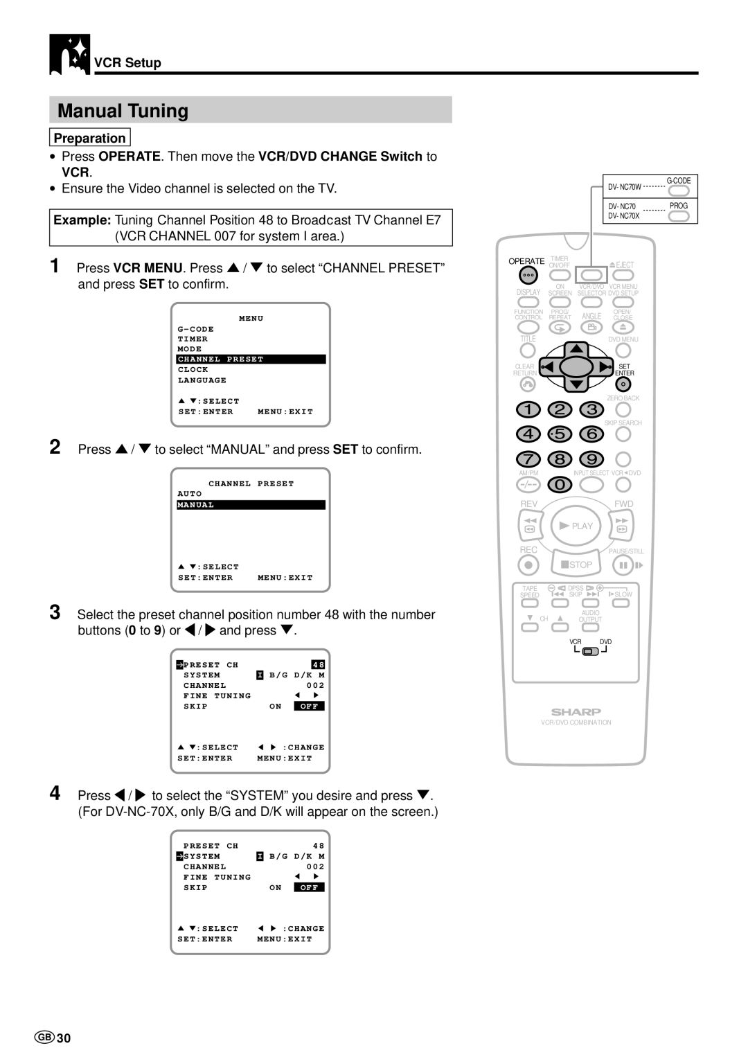 Sharp DV-NC70 and DV-NC70X, DV-NC70W operation manual Manual Tuning, Press / to select Manual and pressSET to confirm 