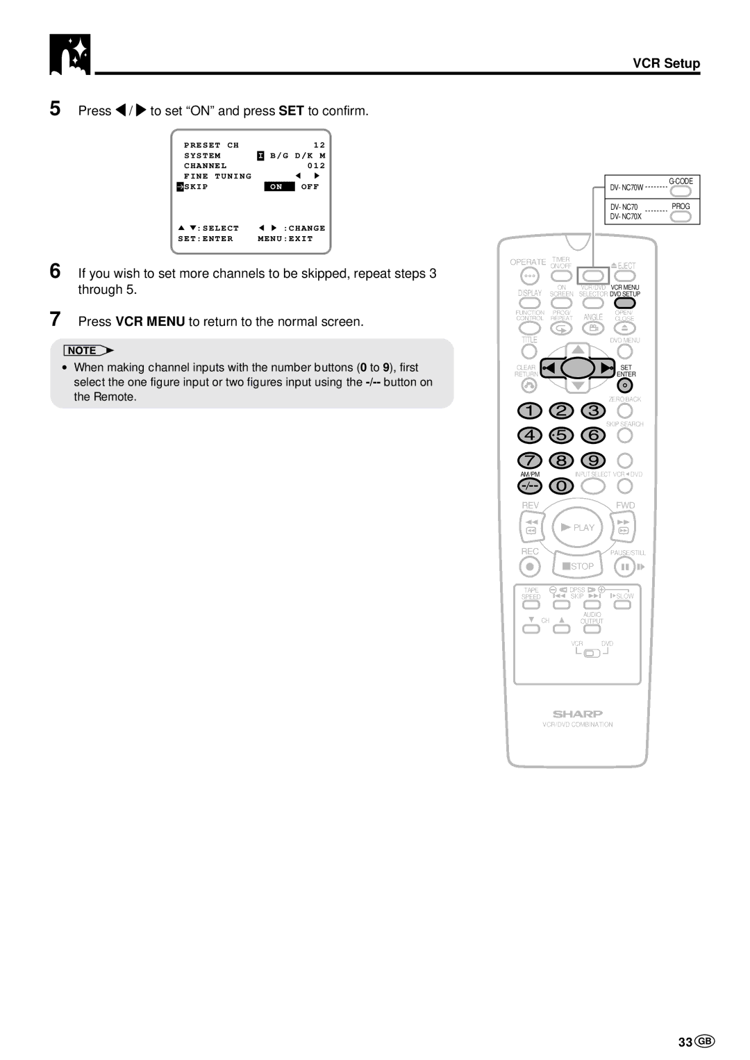 Sharp DV-NC70W, DV-NC70 and DV-NC70X operation manual 33 GB, Press \ / to set on and press SET to confirm 