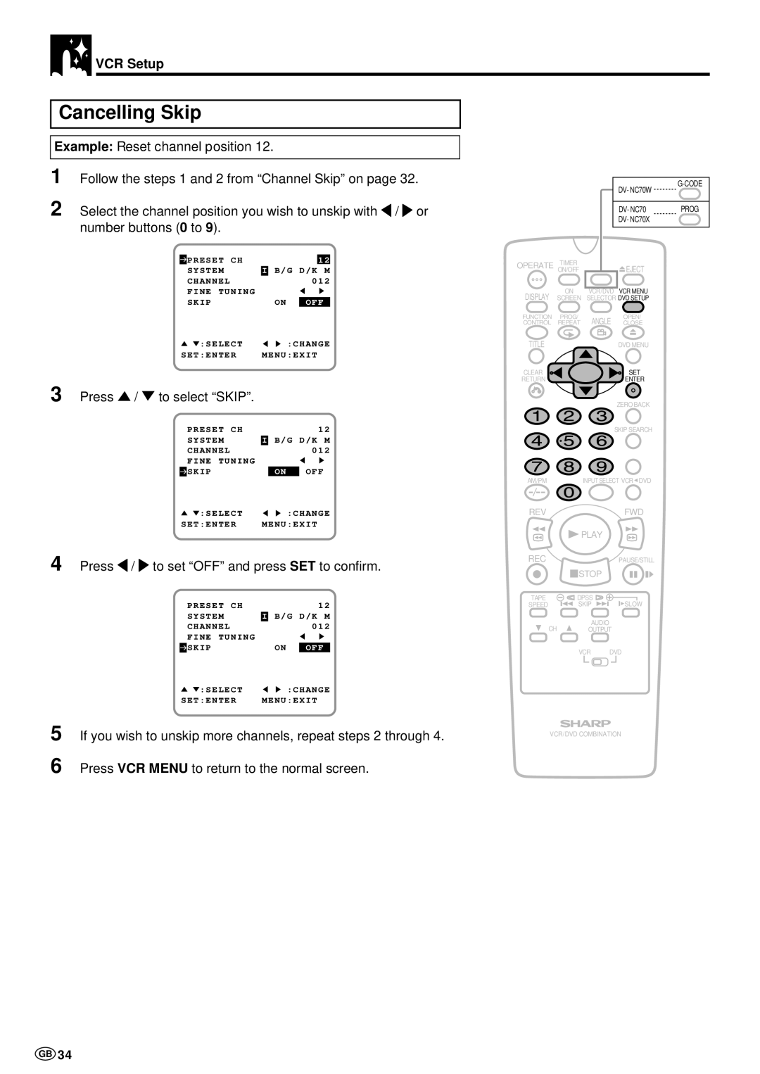 Sharp DV-NC70 and DV-NC70X, DV-NC70W operation manual Cancelling Skip, Press \ / to set OFF and press SET to confirm 