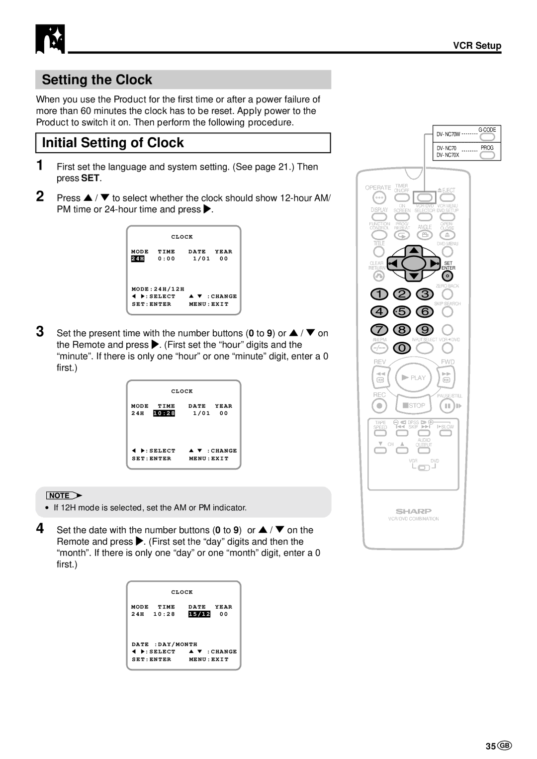 Sharp DV-NC70W, DV-NC70 and DV-NC70X operation manual Setting the Clock, Initial Setting of Clock, 35 GB 