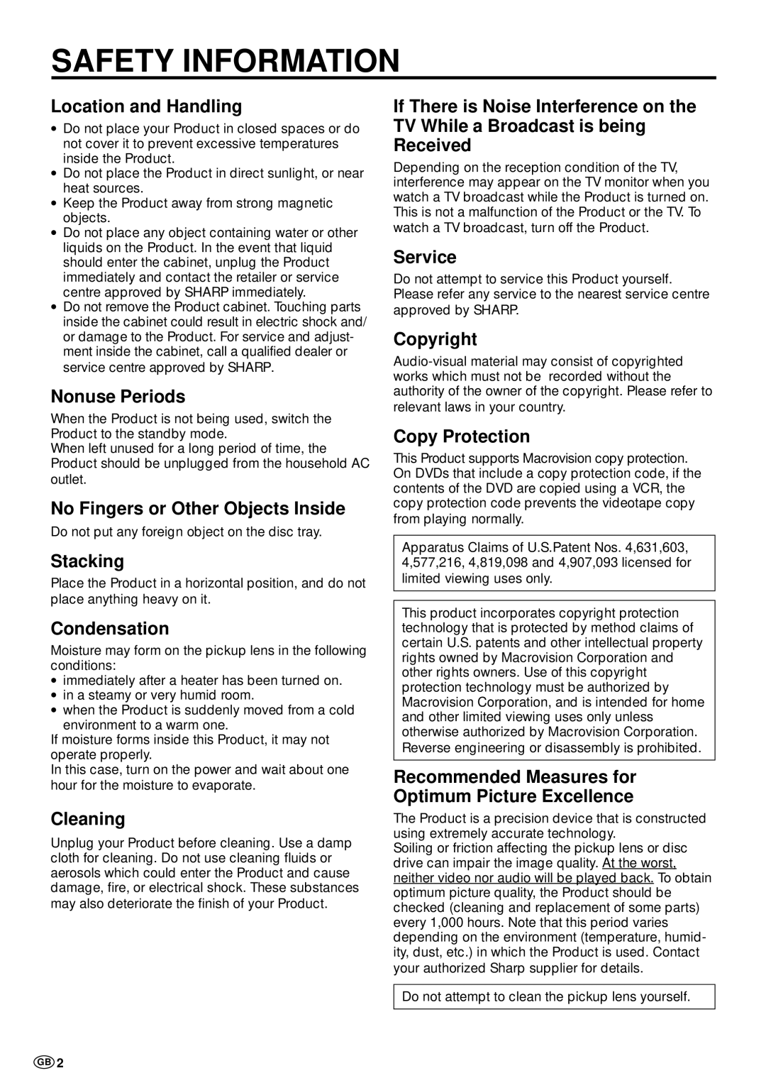 Sharp DV-NC70 and DV-NC70X, DV-NC70W operation manual Location and Handling, Do not put any foreign object on the disc tray 