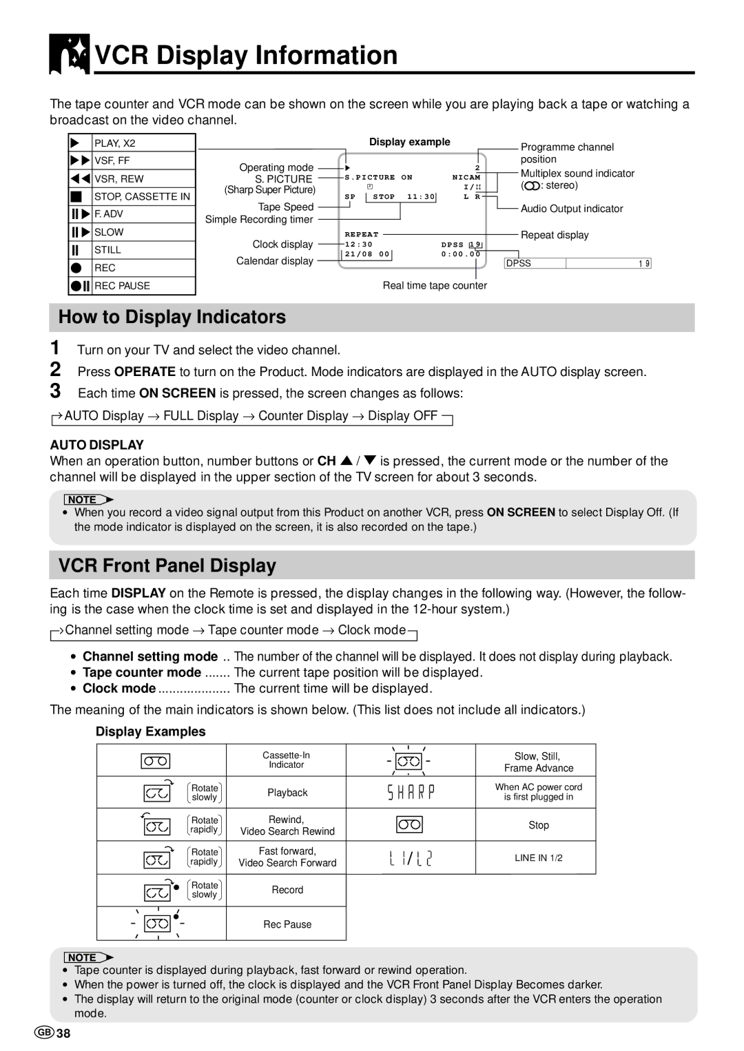 Sharp DV-NC70 and DV-NC70X, DV-NC70W operation manual VCR Display Information, How to Display Indicators, Display Examples 