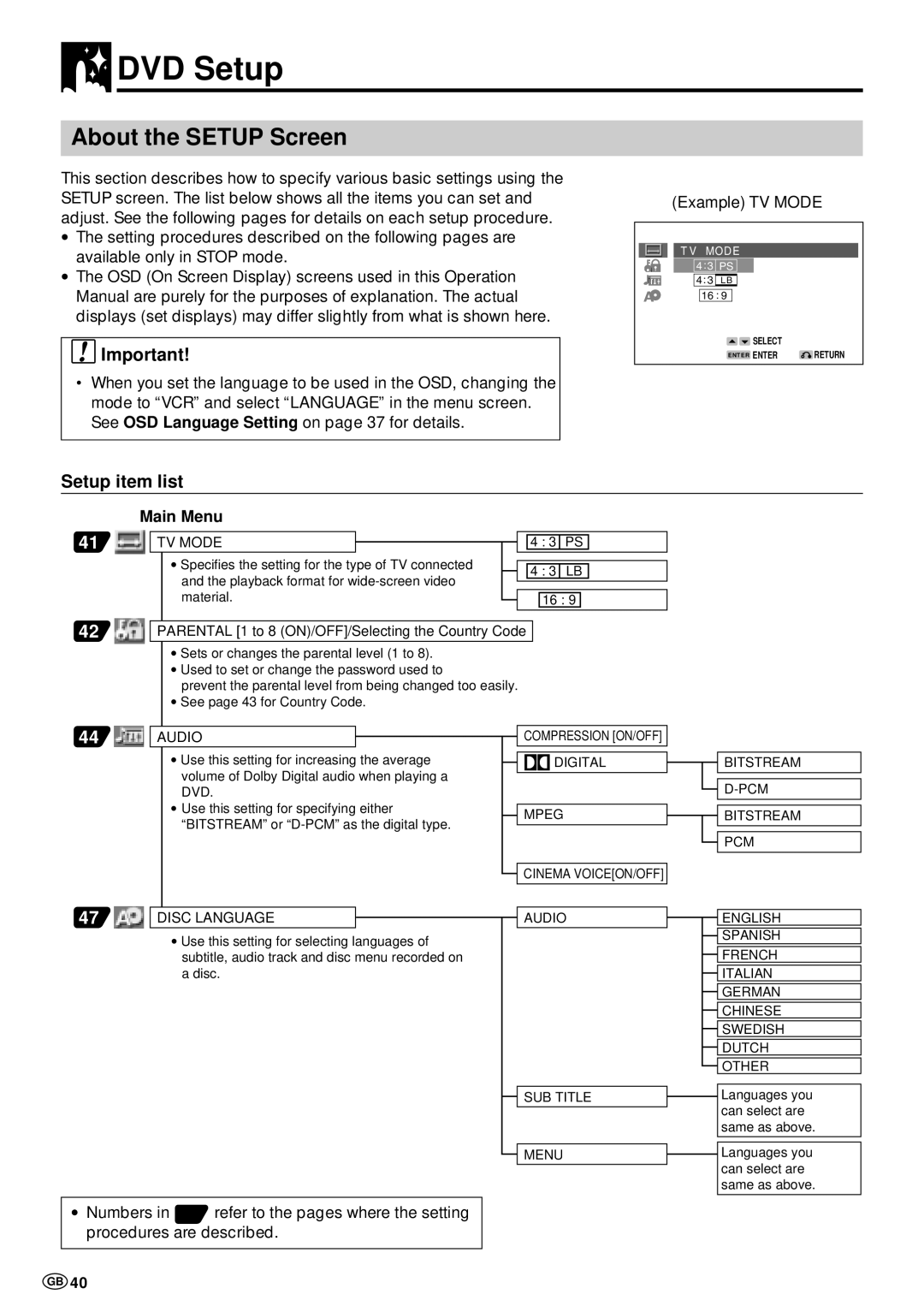 Sharp DV-NC70 and DV-NC70X DVD Setup, About the Setup Screen, Setup item list, Refer to the pages where the setting 