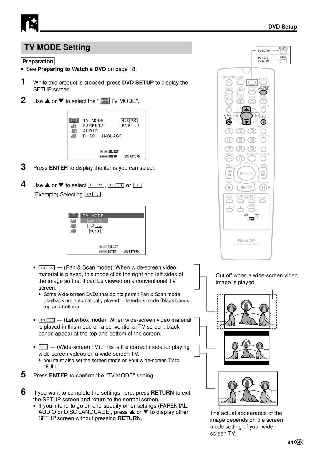 Sharp DV-NC70W, DV-NC70 and DV-NC70X operation manual TV Mode Setting, 41 GB, Preparation See Preparing to Watch a DVD on 