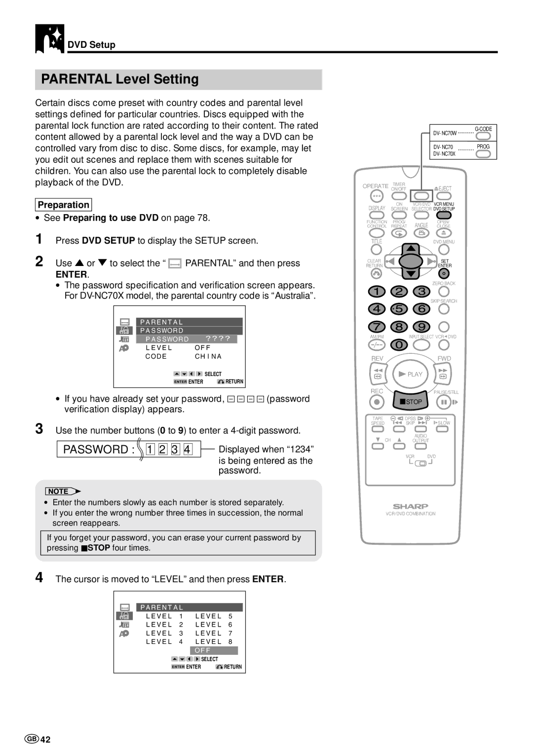 Sharp DV-NC70 and DV-NC70X, DV-NC70W operation manual Parental Level Setting, Preparation, See Preparing to use DVD on 