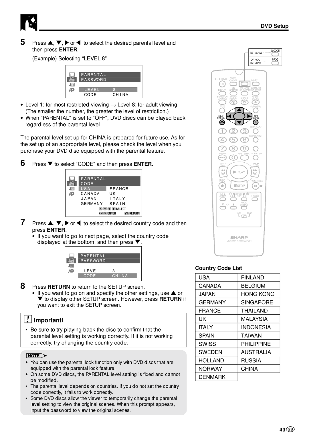 Sharp DV-NC70W, DV-NC70 and DV-NC70X operation manual 43 GB, Press to select Code and then press Enter, Country Code List 