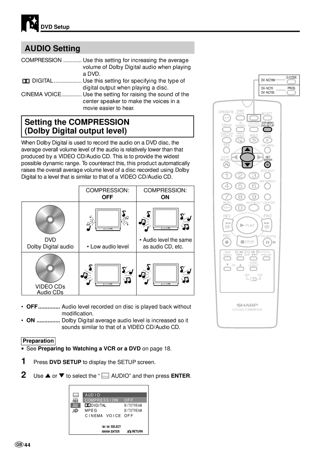 Sharp DV-NC70 and DV-NC70X, DV-NC70W operation manual Audio Setting, Setting the Compression Dolby Digital output level 