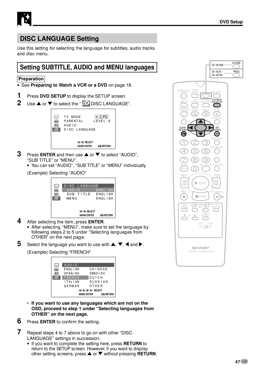 Sharp DV-NC70W, DV-NC70 and DV-NC70X Disc Language Setting, Setting SUBTITLE, Audio and Menu languages, 47 GB 