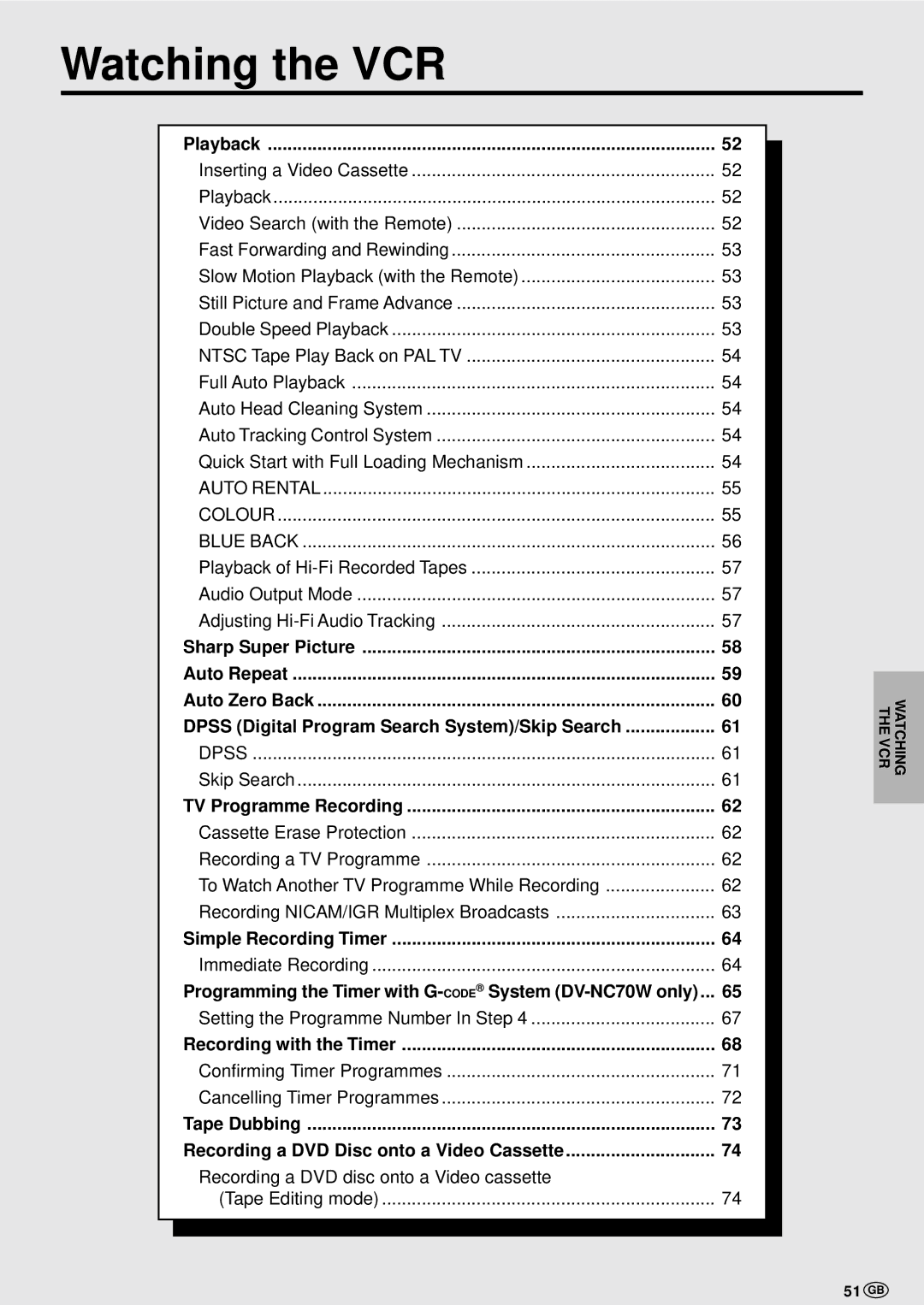 Sharp DV-NC70W operation manual Playback, TV Programme Recording, Simple Recording Timer, Recording with the Timer, 51 GB 