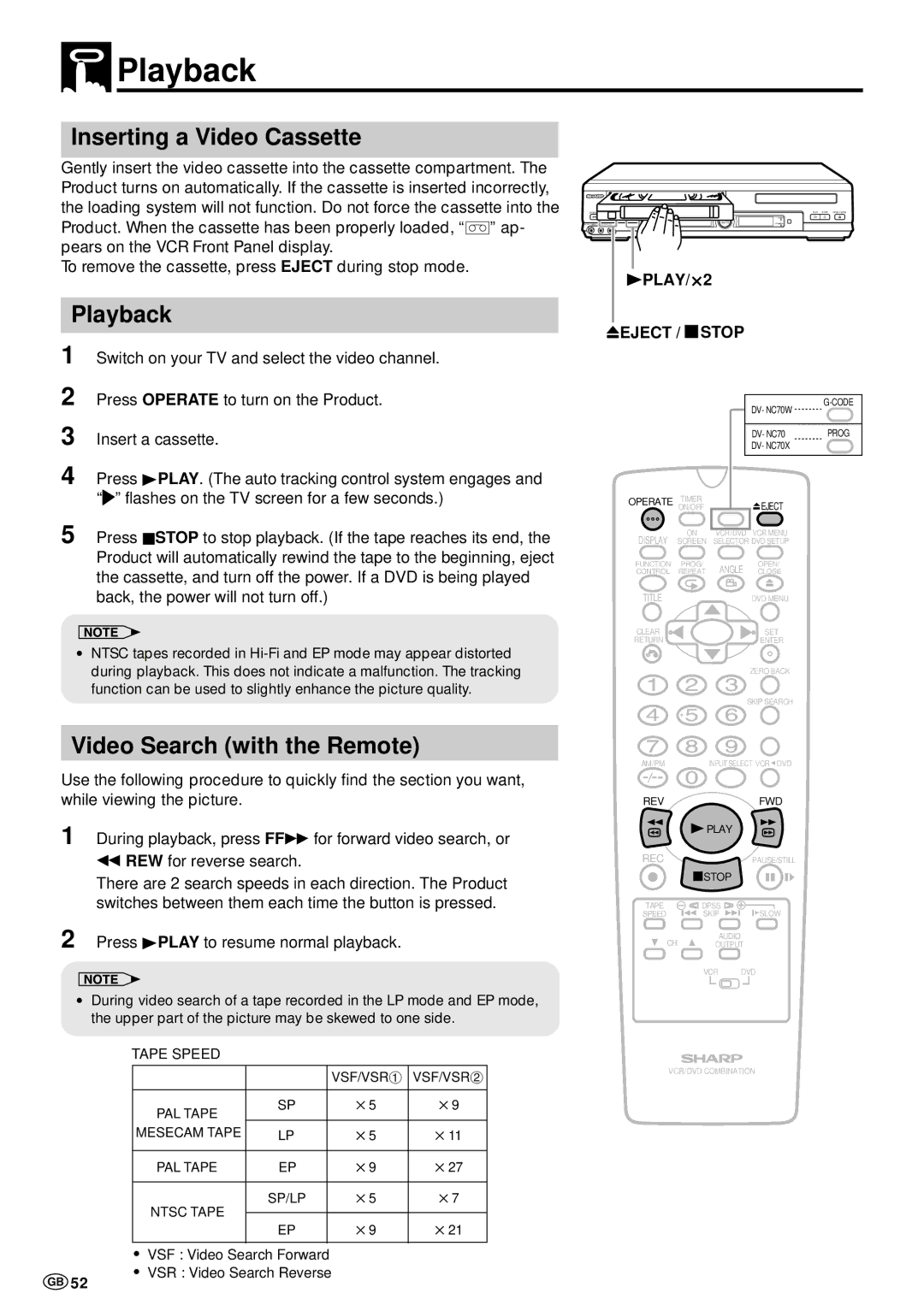 Sharp DV-NC70 and DV-NC70X, DV-NC70W operation manual Playback, Inserting a Video Cassette, Video Search with the Remote 