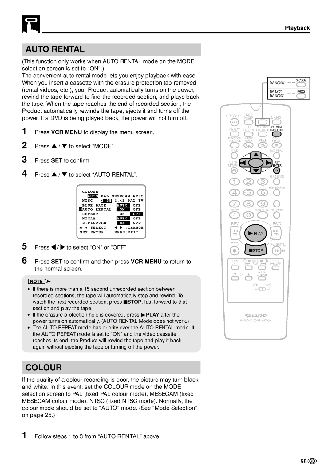 Sharp DV-NC70W, DV-NC70 and DV-NC70X operation manual Auto Rental, 55 GB 