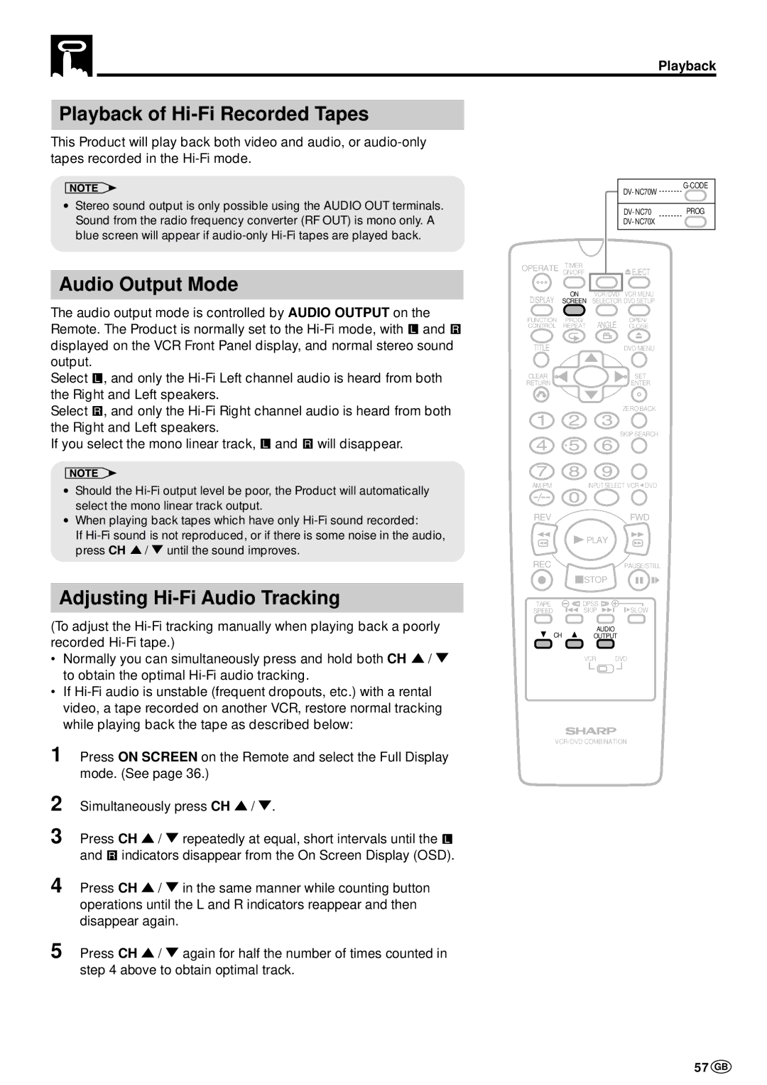 Sharp DV-NC70W operation manual Playback of Hi-Fi Recorded Tapes, Audio Output Mode, Adjusting Hi-Fi Audio Tracking, 57 GB 