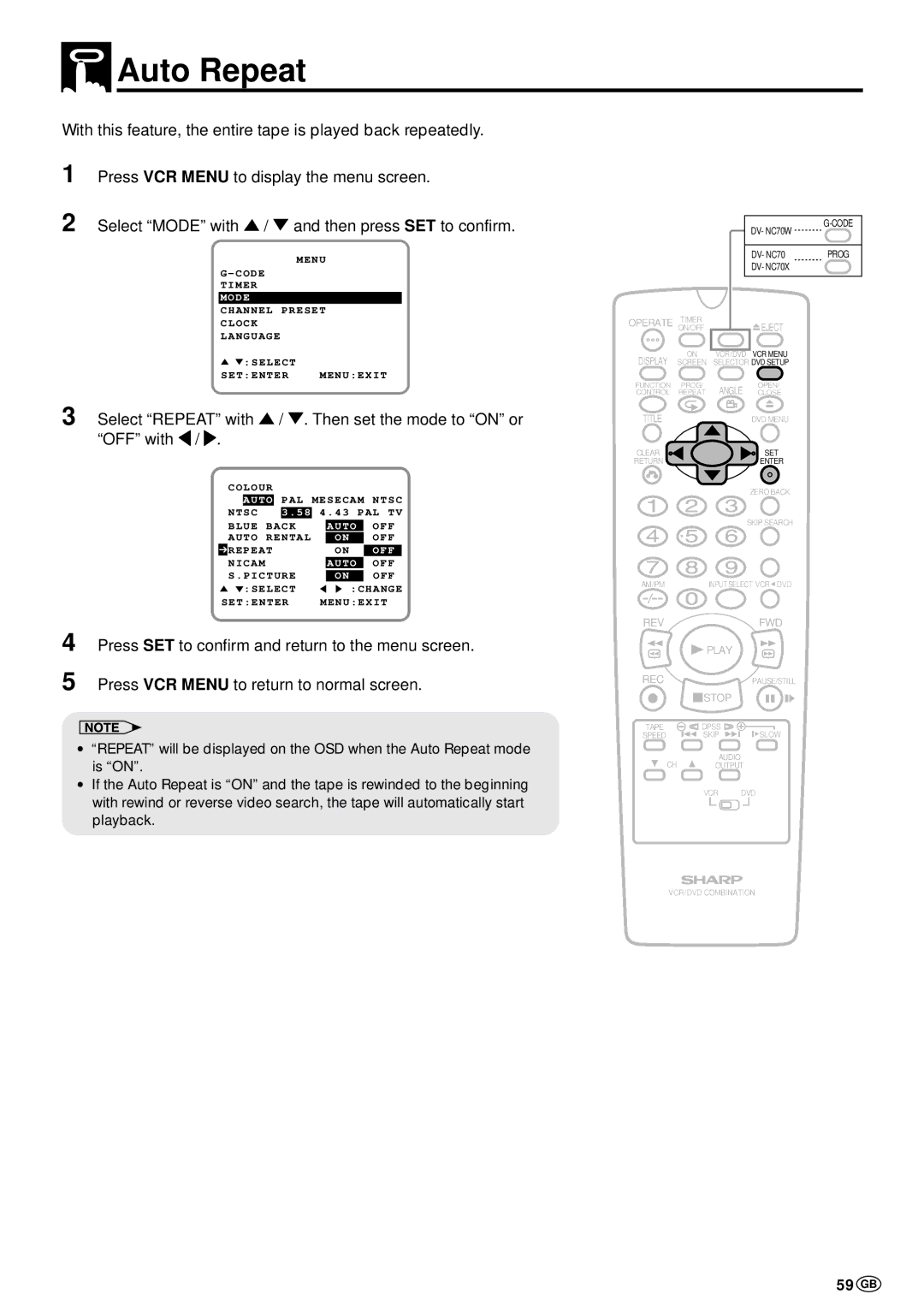 Sharp DV-NC70W, DV-NC70 and DV-NC70X operation manual Auto Repeat, 59 GB 