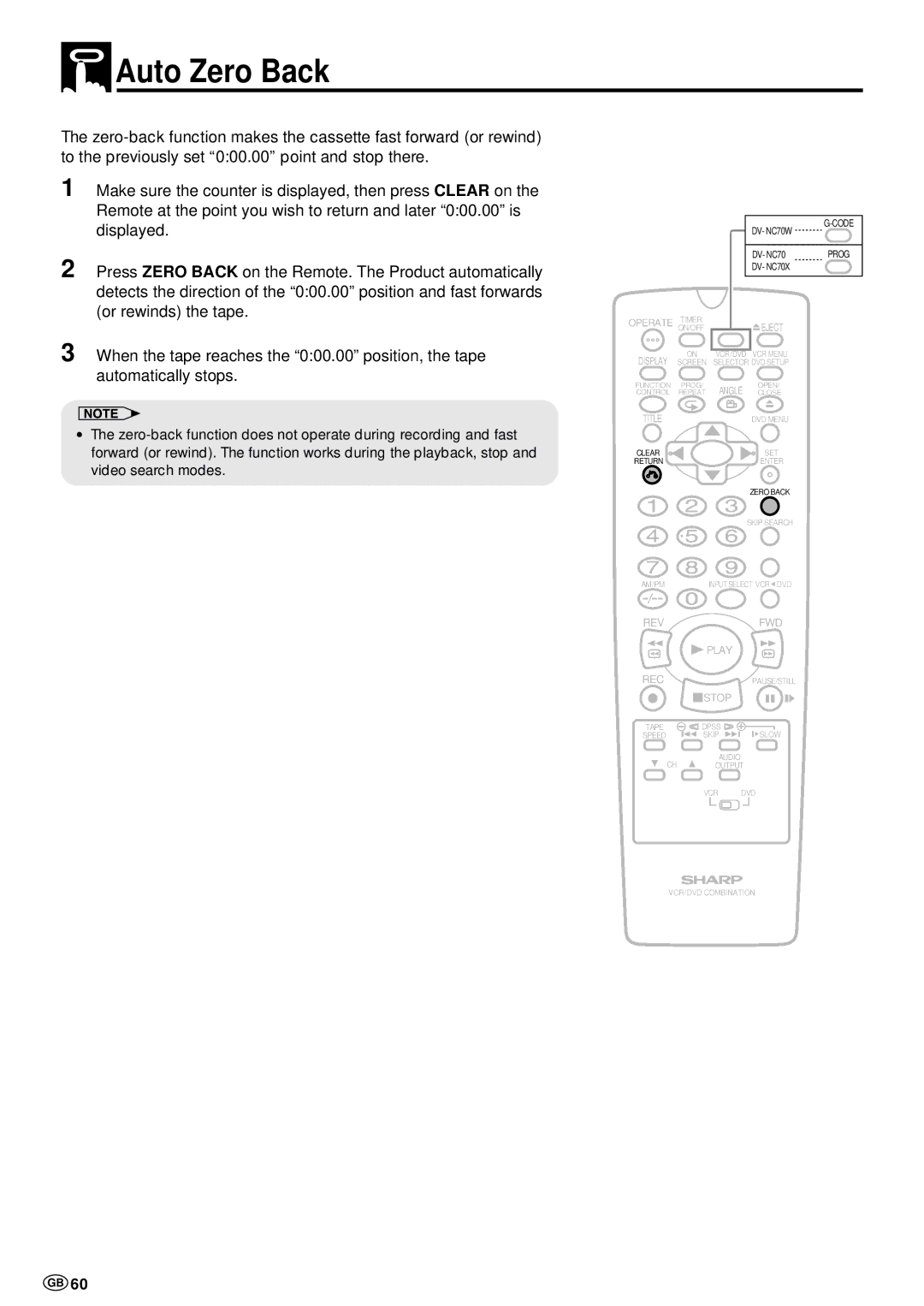 Sharp DV-NC70 and DV-NC70X, DV-NC70W operation manual Auto Zero Back 