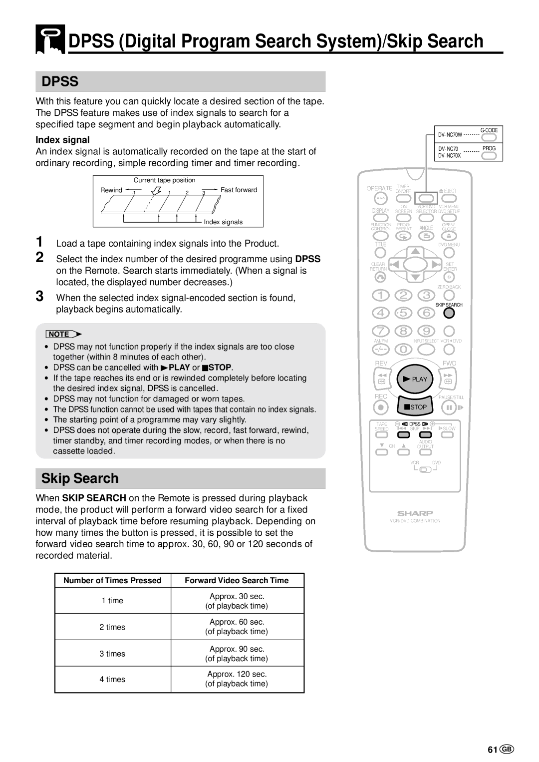 Sharp DV-NC70W, DV-NC70 and DV-NC70X operation manual Dpss Digital Program Search System/Skip Search, 61 GB, Index signal 