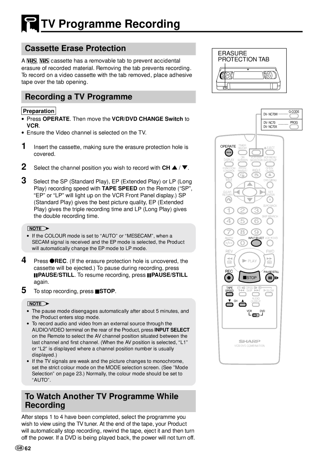 Sharp DV-NC70 and DV-NC70X, DV-NC70W operation manual TV Programme Recording, Cassette Erase Protection 