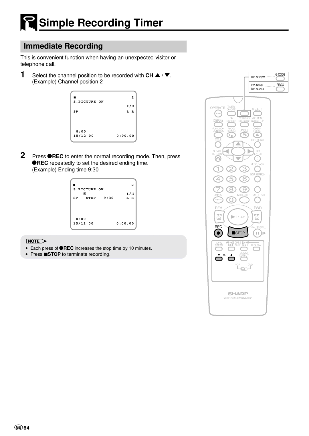 Sharp DV-NC70 and DV-NC70X, DV-NC70W operation manual Simple Recording Timer, Immediate Recording 