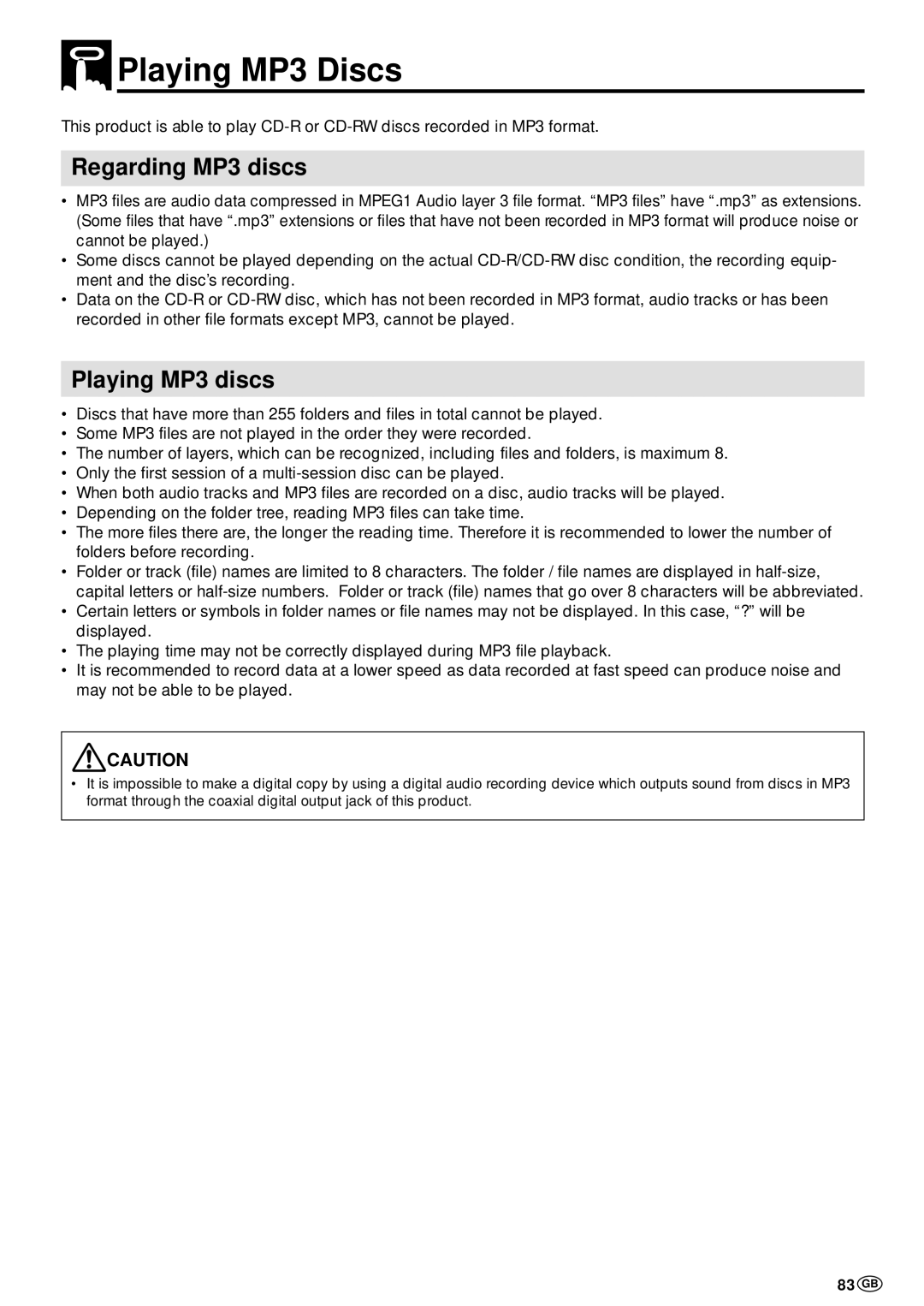 Sharp DV-NC70W, DV-NC70 and DV-NC70X operation manual Playing MP3 Discs, Regarding MP3 discs, Playing MP3 discs, 83 GB 