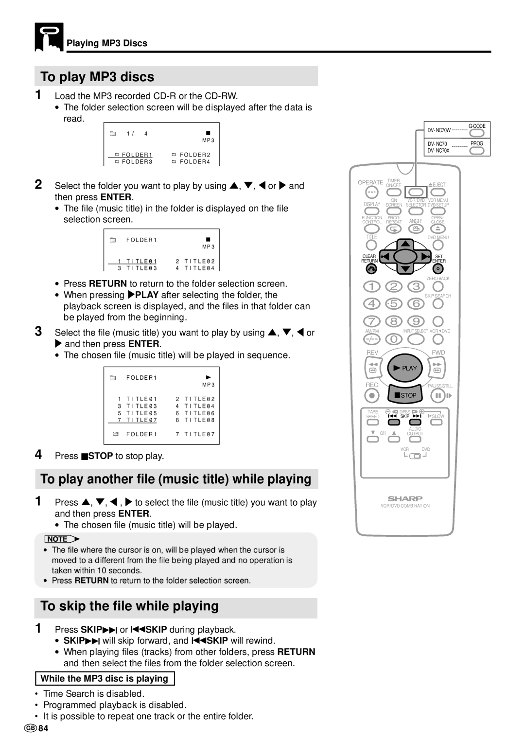 Sharp DV-NC70 and DV-NC70X, DV-NC70W operation manual To play MP3 discs, To play another file music title while playing 