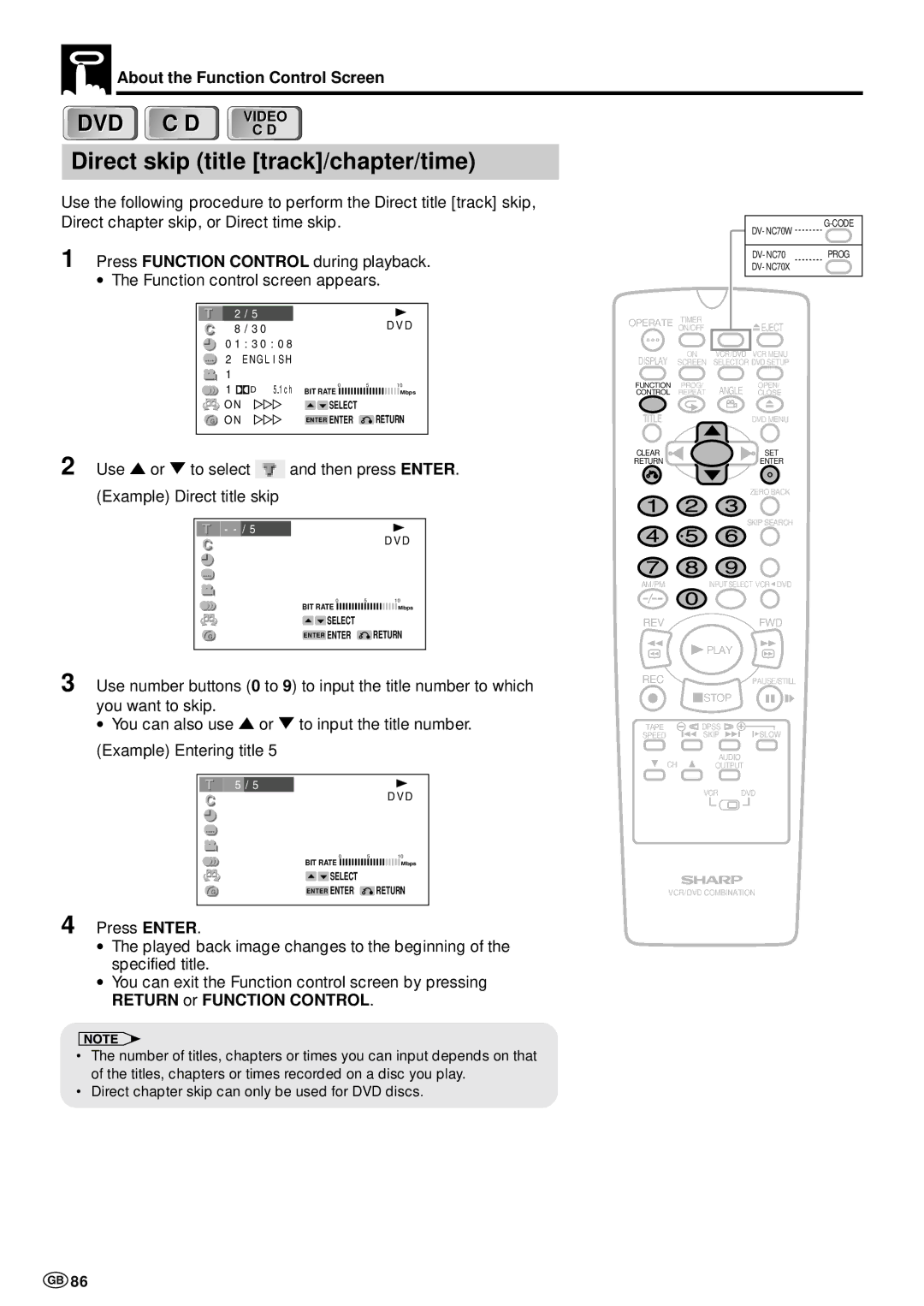 Sharp DV-NC70 and DV-NC70X, DV-NC70W Direct skip title track/chapter/time, Use or to select Then press Enter 