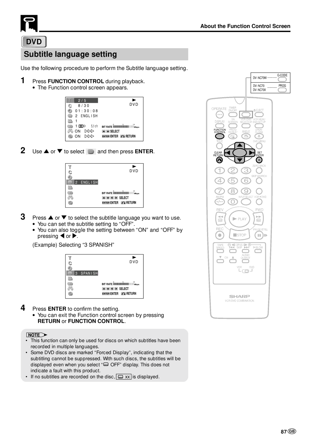 Sharp DV-NC70W, DV-NC70 and DV-NC70X Subtitle language setting, 87 GB, Use or to select and then press Enter 