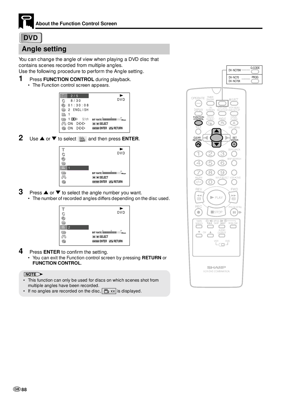 Sharp DV-NC70 and DV-NC70X, DV-NC70W operation manual Angle setting, Press or to select the angle number you want 