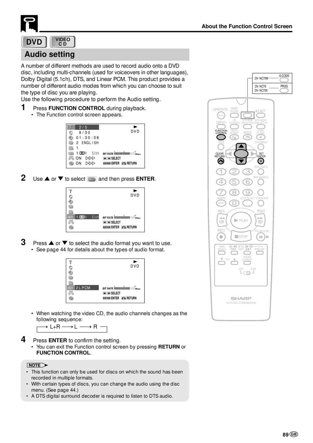 Sharp DV-NC70W 89 GB, Press or to select the audio format you want to use, +R L R Press Enter to confirm the setting 