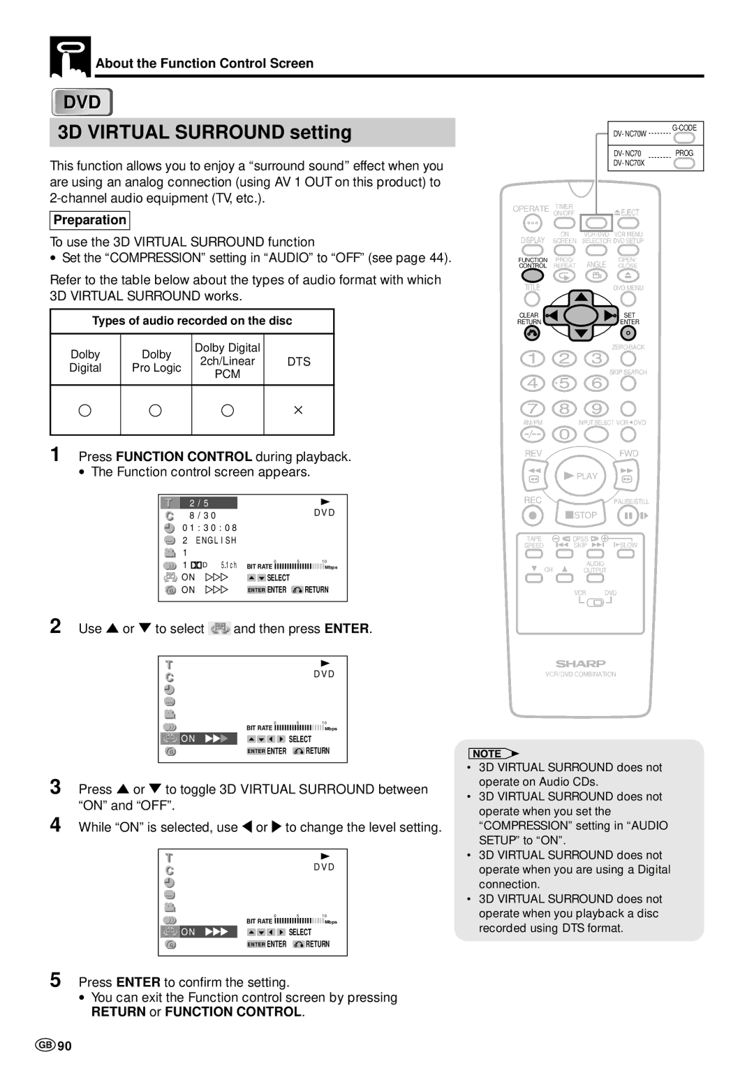 Sharp DV-NC70 and DV-NC70X, DV-NC70W operation manual 3D Virtual Surround setting, To use the 3D Virtual Surround function 