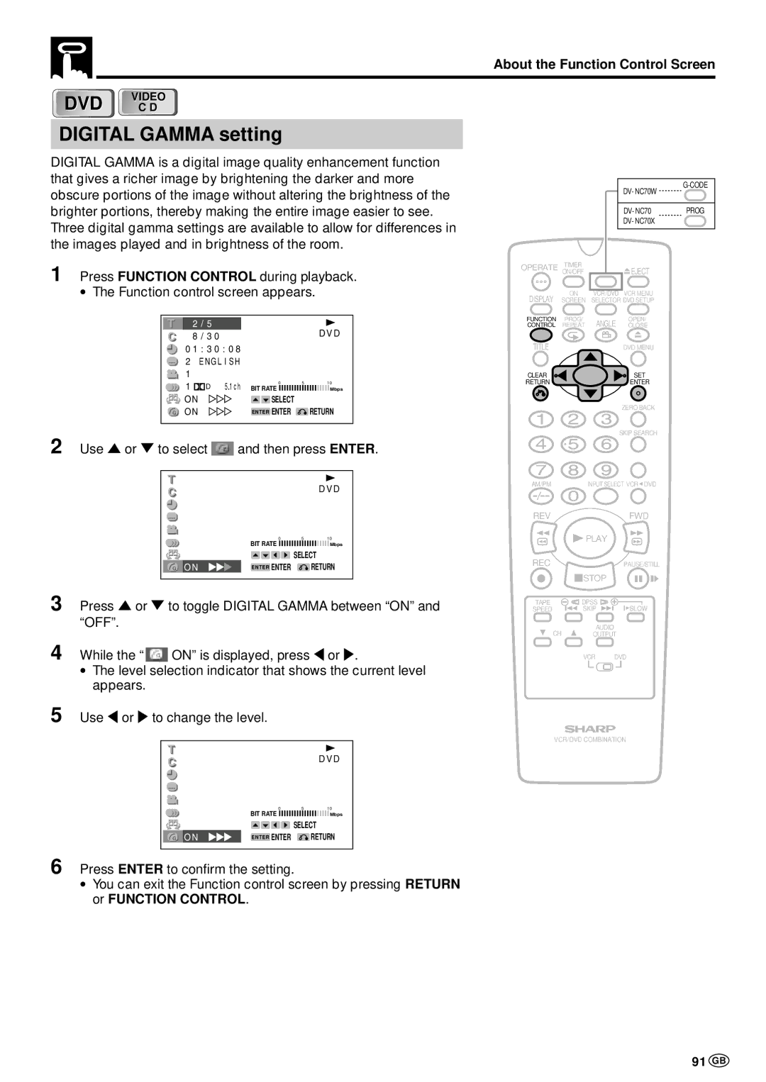 Sharp DV-NC70W, DV-NC70 and DV-NC70X Digital Gamma setting, 91 GB, Press or to toggle Digital Gamma between on and OFF 